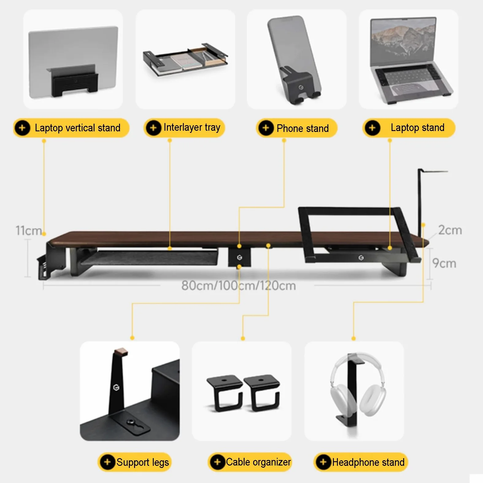 Supporto per Monitor in Legno, Organizer da Scrivania da 120 Cm per Display del Computer, con Vano Porta Smartphone/Laptop/Auricolari, Gestione Cavi, Accessori da Scrivania