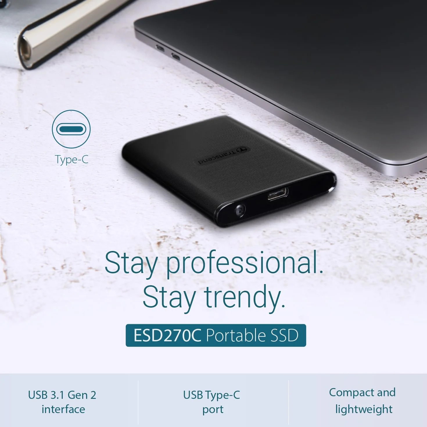 Transcend SSD portatile ESD270C da 250 GB USB 3.1 Gen 2 Type-C, fino a 520/460 MB/s, per desktop, laptop, dispositivi mobili e console di gioco - TS250GESD270C