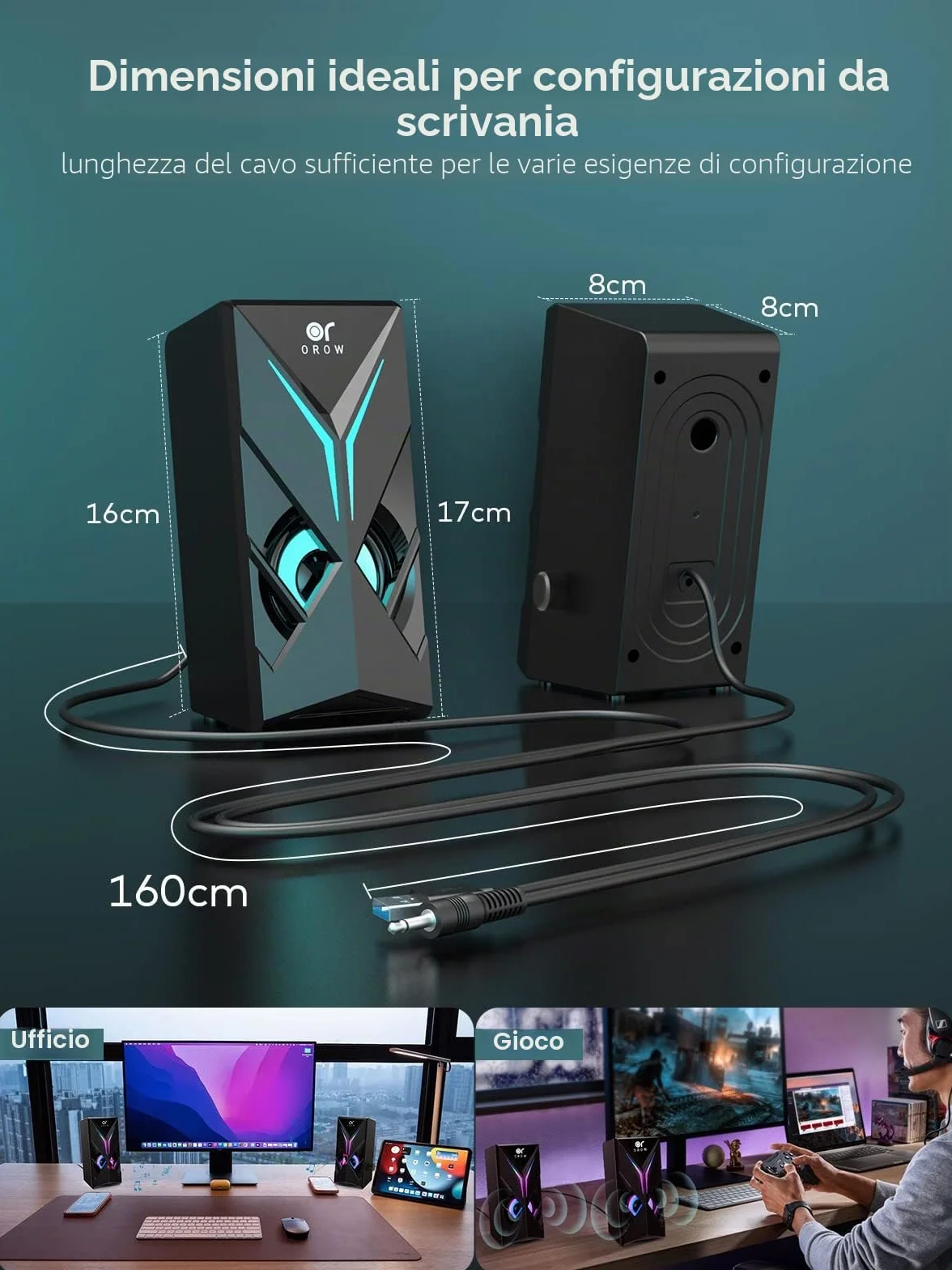 OROW PC Altoparlanti 10W RGB con Luce LED Stereo Sound 2.0 USB 3.5 mm Jack Manopola Volume S201
