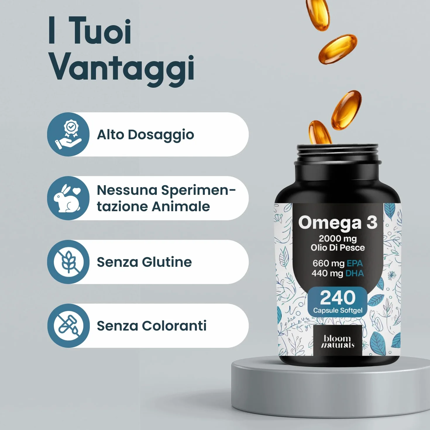 Omega 3 2000 mg 240 Capsule Softgel Alta Concentrazione Olio di Pesce EPA 660 mg DHA 440 mg Integratore Alimentare