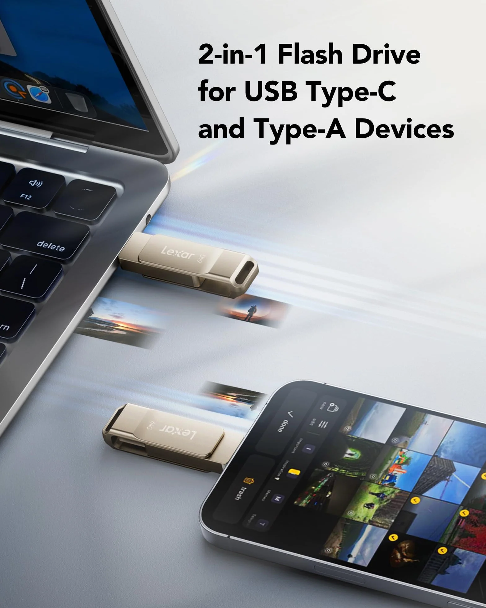 Lexar D40E 64 GB Dual Drive USB 3.2 Gen 1 Type-C Jump Drive, unità flash USB-C in metallo, design girevole, Champagne Argento