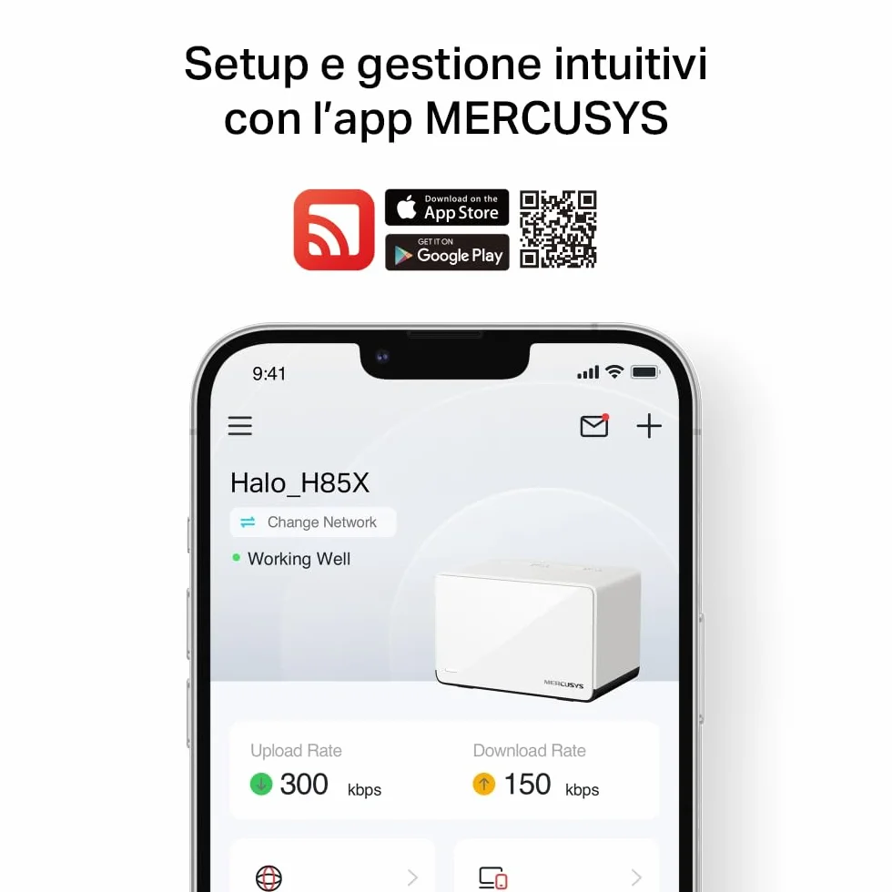 Mercusys TP-Link Halo H85X Mesh Wi-Fi 6 AX3000Mbps Dual-Band, 2.5G Porta WAN/LAN, 2 Porte WAN/LAN Gigabit, Coperti fino a 650m2, MU-MIMO, WPA3, VPN, Controllo da APP, 3pz