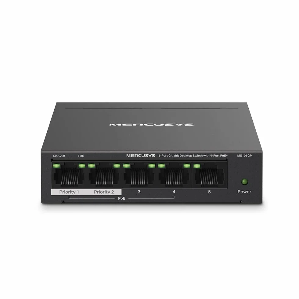 TP-Link Mercusys MS105GP PoE+ Switch 5 Porte Gigabit con 4 PoE+, 30W per Porta PoE, 65W su Tutte le Porte, 802.3af/at, Cassa in Metallo, Durevole e silenzioso, Sdoppiatore Ethernet, Plug&Play
