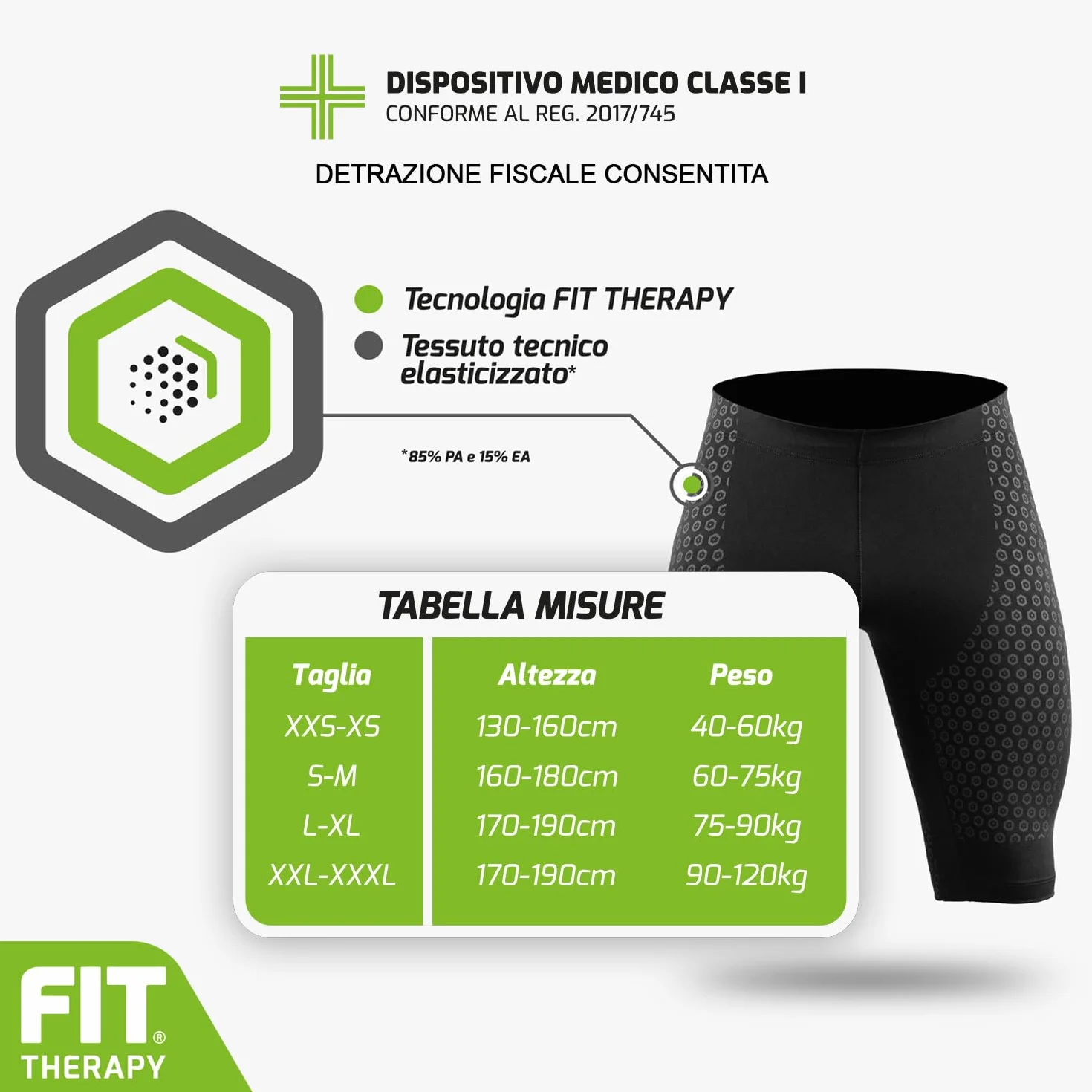 FIT THERAPY Pantaloncini Tecnici Dispositivo Medico per Dolori Muscolari e Articolari Lombalgia Coxalgia Sciatalgia Senza farmaci traspirante