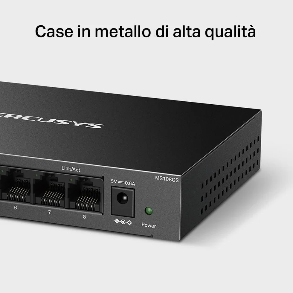 TP-Link Mercusys MS108GS Switch Ethernet 8 Porte Gigabit, Sdoppiatore Ethernet, Switch Gigabit per la Casa e l'Ufficio, Plug e Play, Montaggio Desktop, Cassa in Metallo, Durevole e Silenzioso