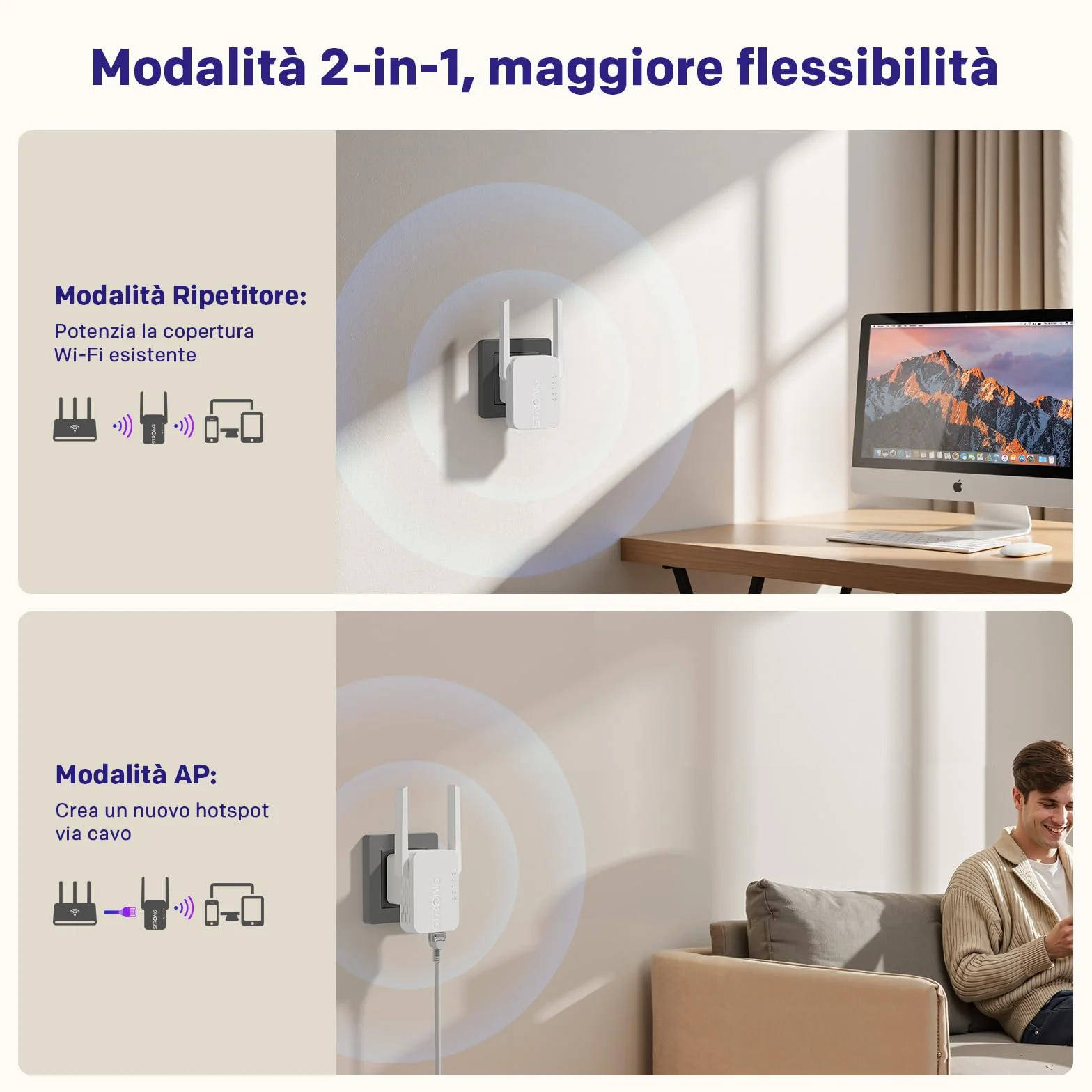 STRONG Ripetitore WiFi 300 Mbps da presa muro – Amplificatore WiFi potente per casa, WiFi extender con WPS, porta LAN, modalità access point, copertura segnale stabile