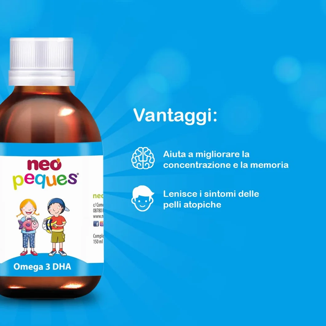 NEO PEQUES Sciroppo Omega 3 DHA 150 ml per bambini concentrazione gusto fragola