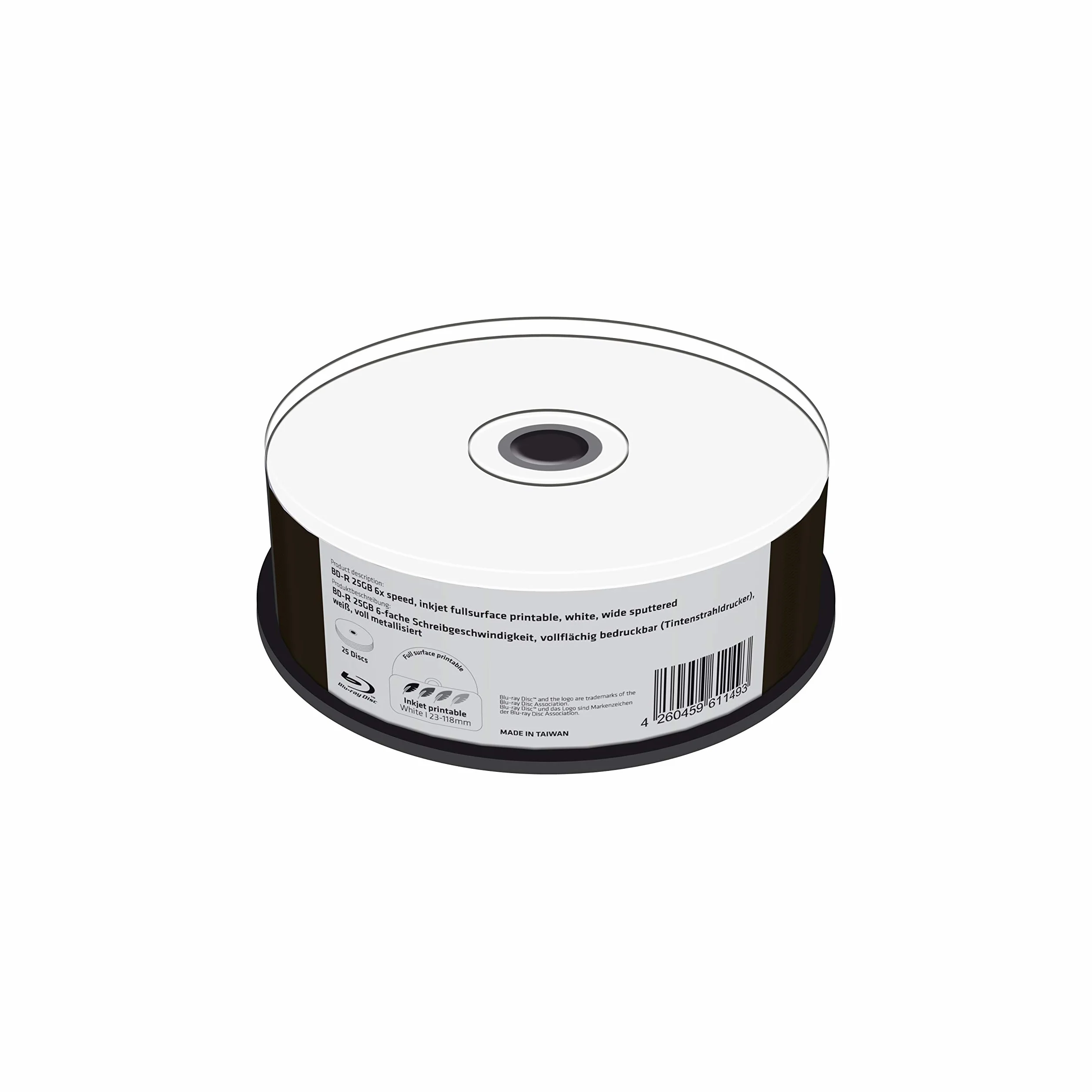 MediaRange BD-R 25 GB 6 velocità di Scrittura, stampabile su Tutta la Superficie (Stampante a Getto d'inchiostro), Completamente Metallizzata, 25 Cakebox