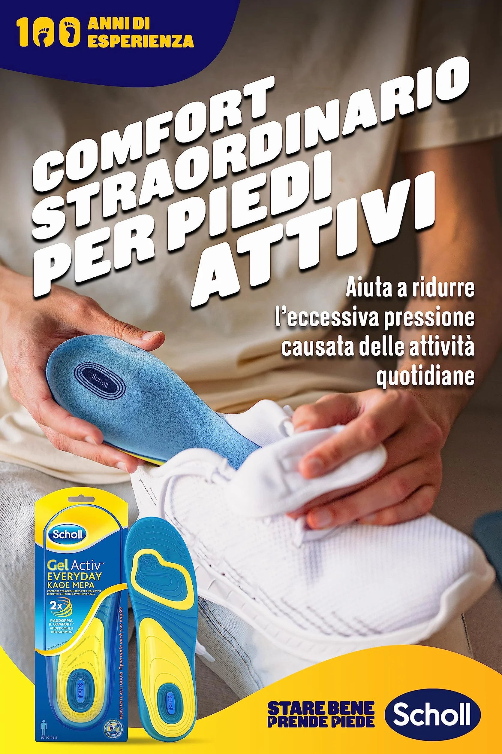 Scholl Solette Gel Activ Everyday, Solette per Scarpe Uomo Antiodore, Ammortizzazione, Misura 40-46.5, 1 Paio