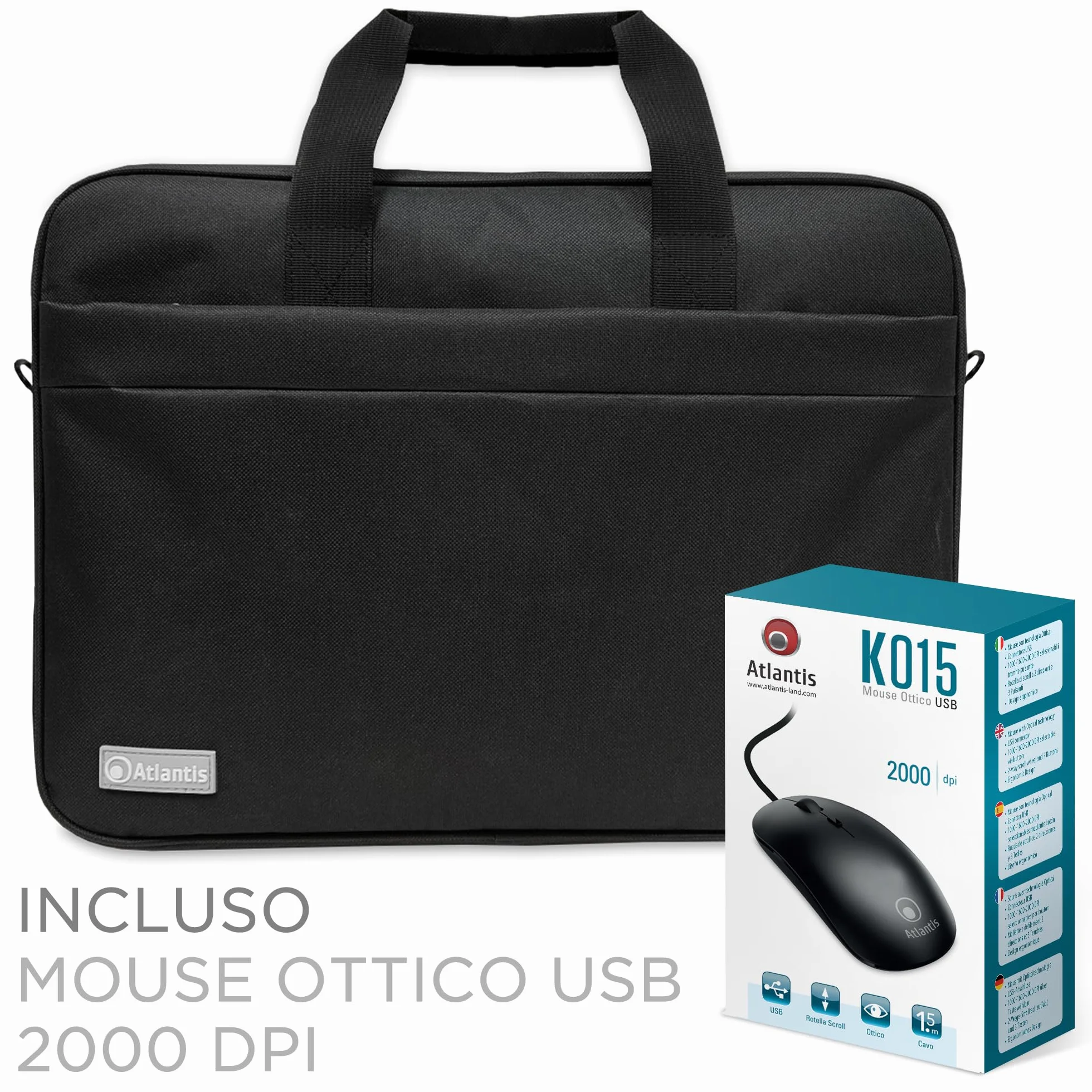Atlantis Borsa notebook 15.6" pollici + Mouse USB, a tracolla modello Lisbona, imbottitura interna, tasca porta documenti, tasca esterna per accessori, fascia Trolley. Cinghia a tracolla, nero.
