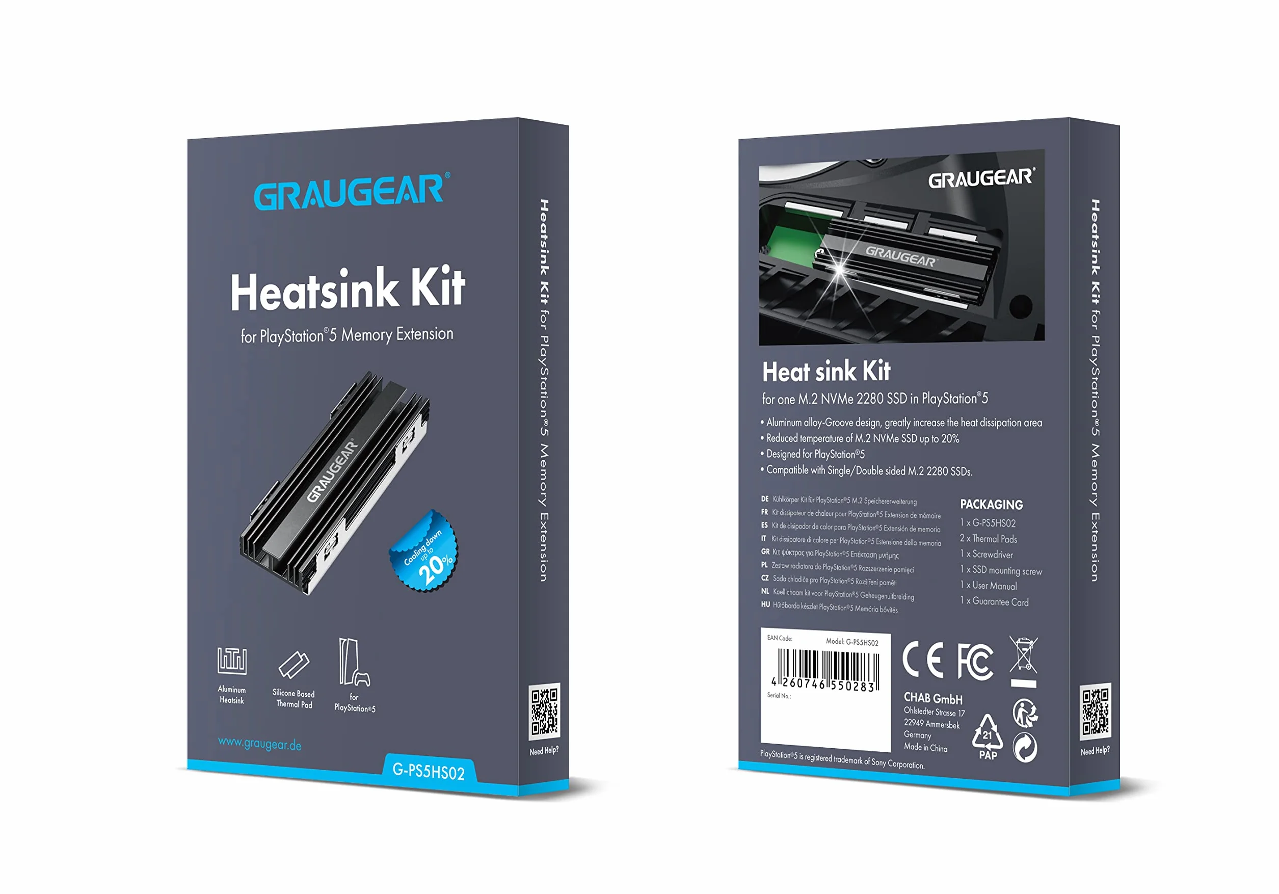 GRAUGEAR Dissipatore di calore per SSD M.2 NVMe (2280), passivo, kit di raffreddamento M.2, adatto per PlayStation®5 e PS5 Slim, 2 cuscinetti termici in silicone, alluminio