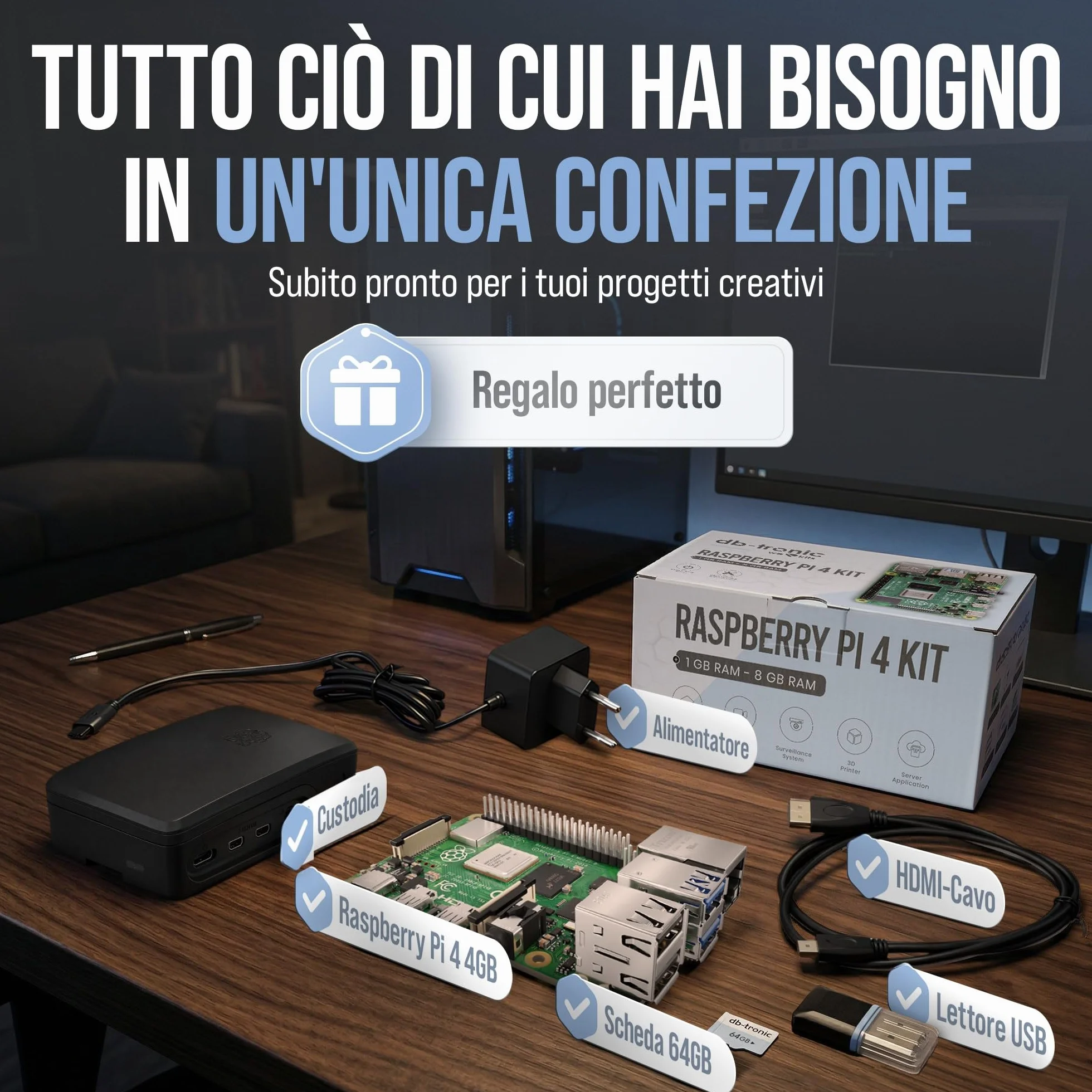 Raspberry Pi 4 4 GB Starter Kit 64 GB Nero Alimentatore 15 W Micro HDMI 4K Dissipatori Home Assistant Smart Home