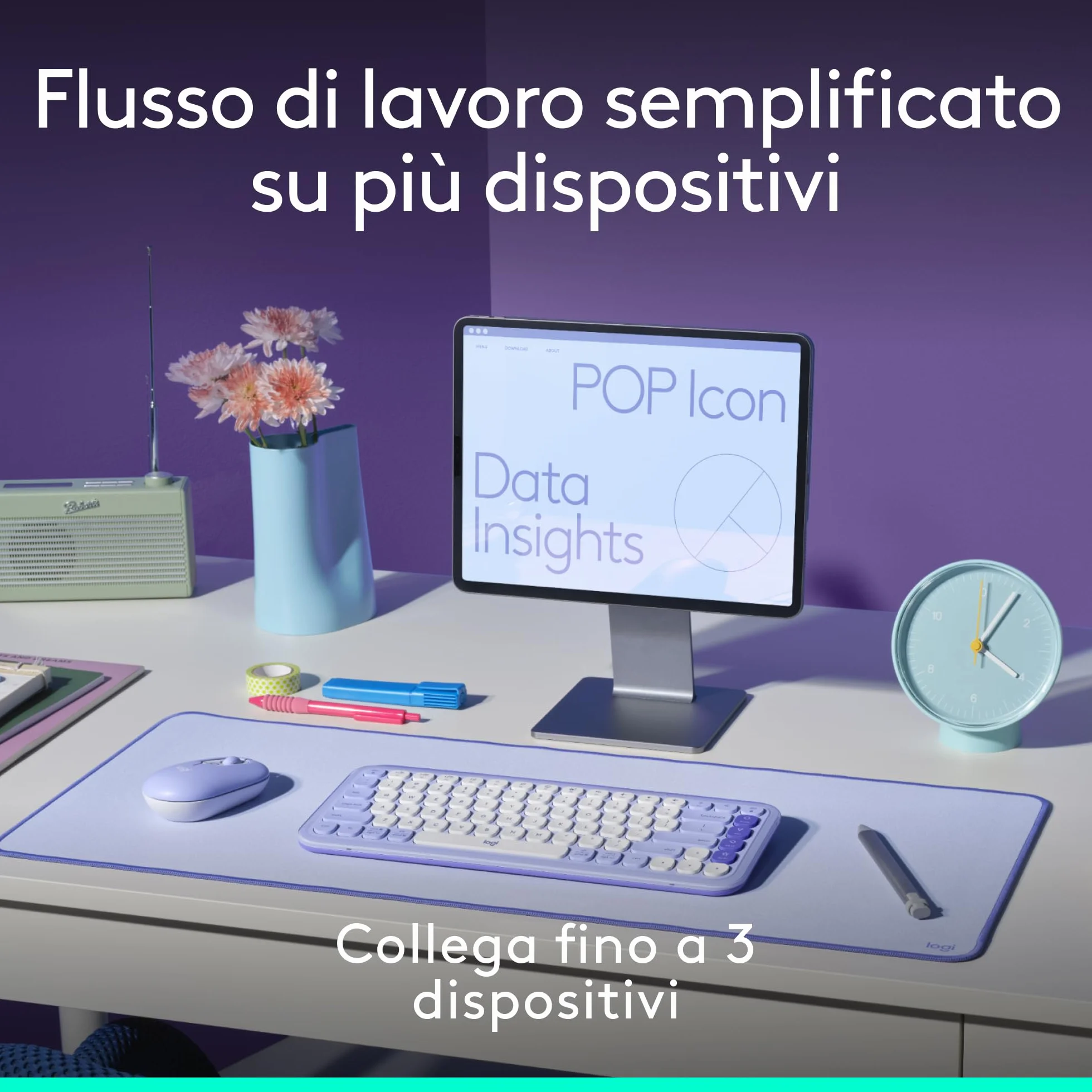 Logitech Pop Icon Combo, kit mouse e tastiera Bluetooth, digitazione comoda, tasti e pulsanti programmabili, clic discreti, Easy-Switch fino a 3 dispositivi, ITA QWERTY – Rosa