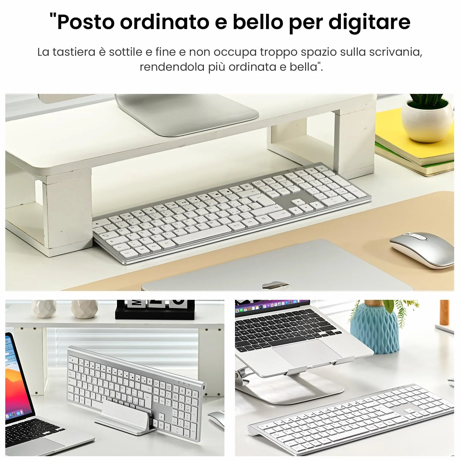 Tastiera e Mouse Wireless - cimetech Tastiera Wireless Ricaricabile 2.4G, Layout Italiano QWERTY, Tastiera Design Ergonomico, Ultra Sottile per Computer/Desktop/PC/Laptop/Windows 10/8/7 (argenteo）