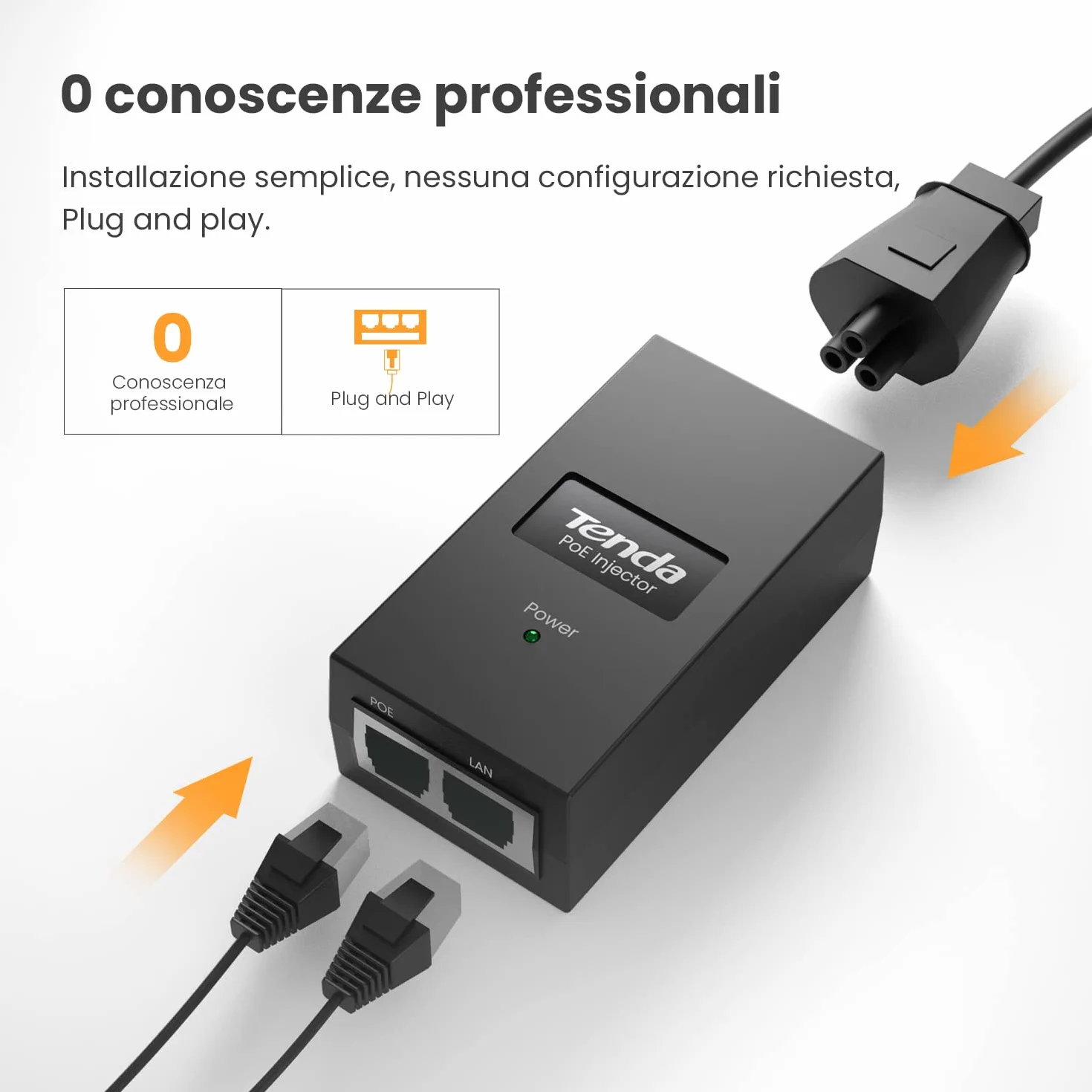 Tenda POE15F PoE Injector, Adattatore PoE Ethernet Rapido 48 V - 2 Porta RJ45 10/100 Mbps, IEEE 802.3/af/u, Fornisce Alimentazione fino a 100 m, 15,4 W Massimi, Plug and play, Nero, Alimentazione