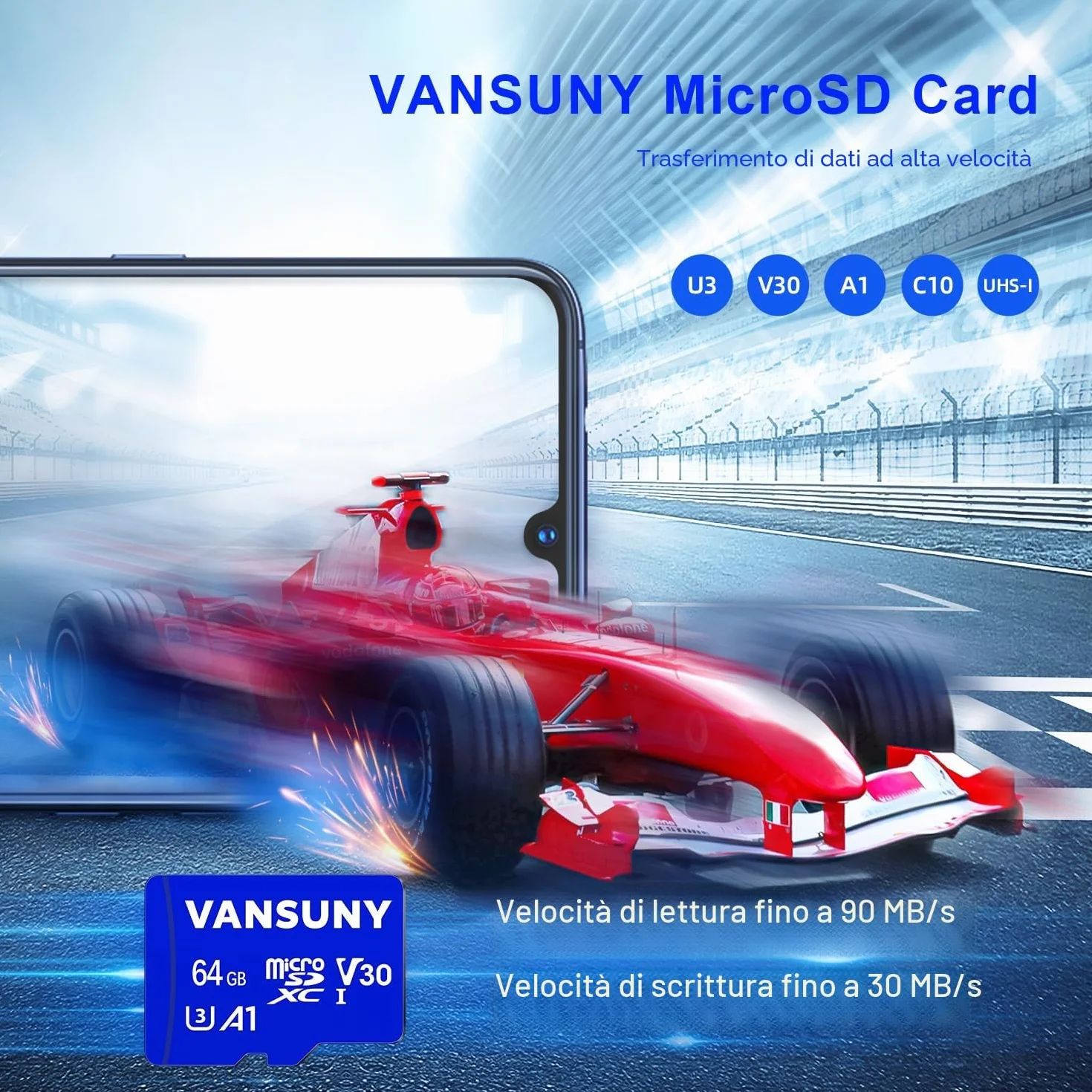 Micro SD 64 GB, Vansuny Scheda SD 64 GB con 2 Schede fino a 100 MB/sec(R), Scheda Micro SD 64GB con Adattatore SD, A1, U3, C10, V30