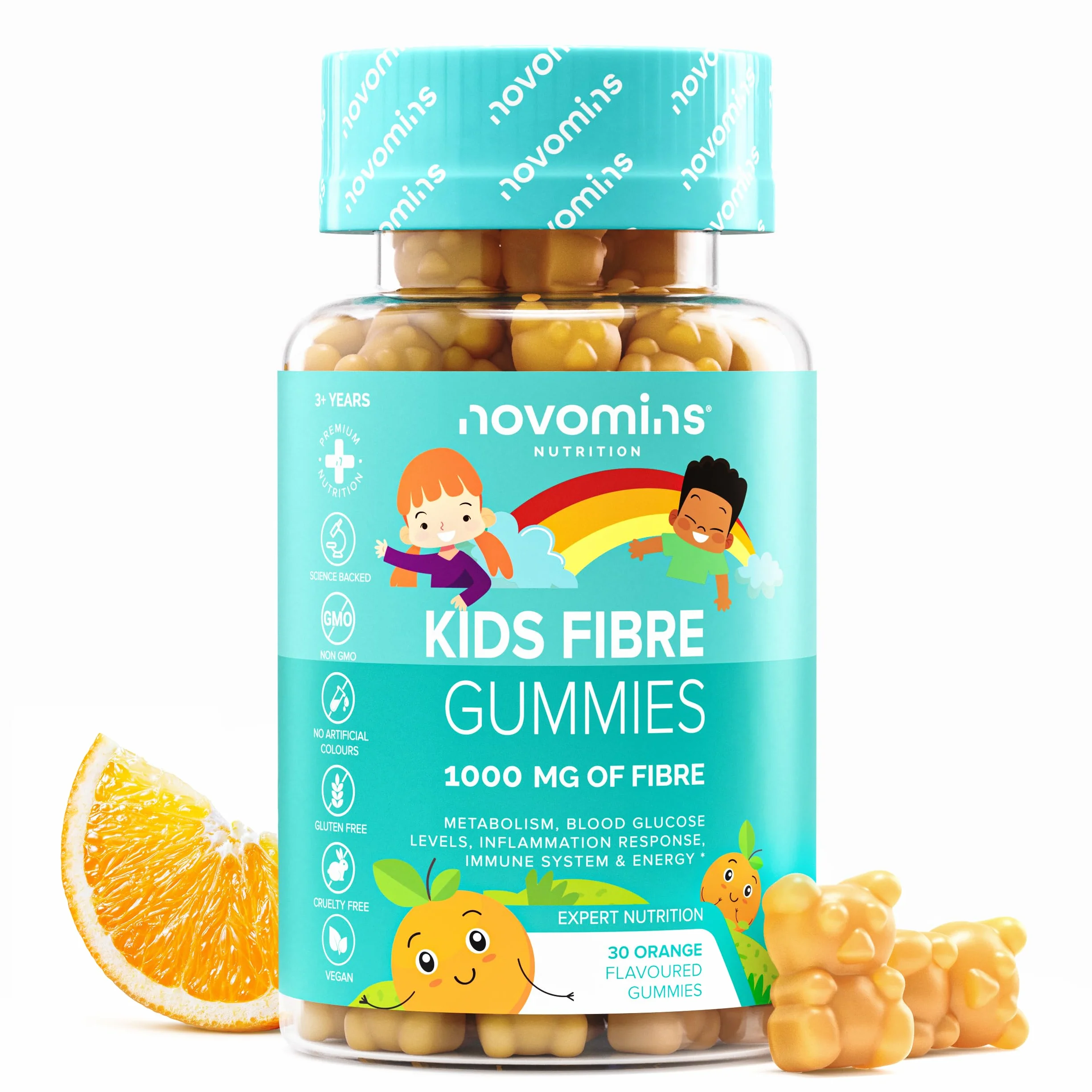 Novomins Fibre Gommose 1000 mg Inulina con Cromo Vitamina D e B12 Sistema Immunitario Metabolismo Vegan 30 Gommose Gusto Arancia
