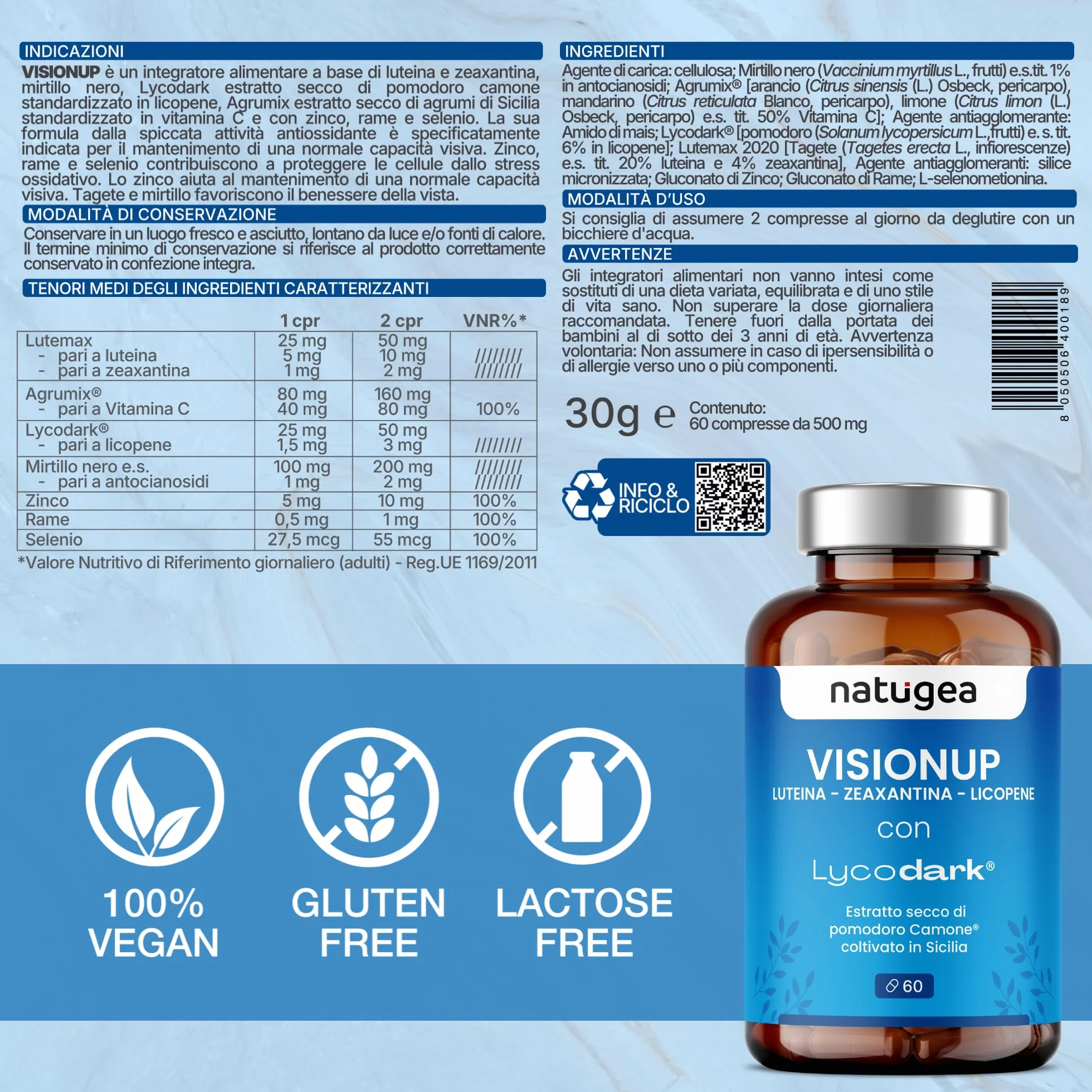 Integratori per Occhi con Luteina e Zeaxantina, 60 capsule Vegane, Made in Italy