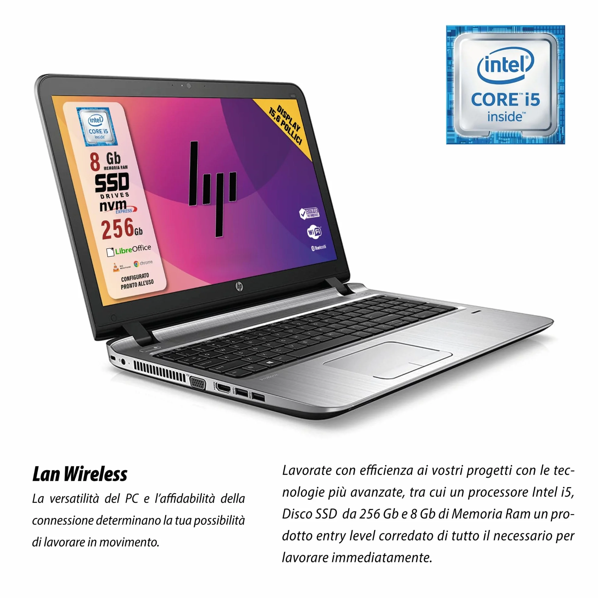 HP ProBook 15.6" Intel Core i5-6200U 8GB RAM 256GB SSD Notebook (Ricondizionato)