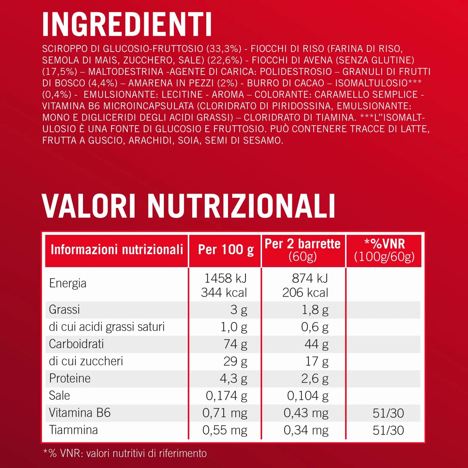 Enervit Competition Bar Red Fruits 22g Carboidrati Gusto Frutti Rossi VeganOK Senza Glutine 12x30g