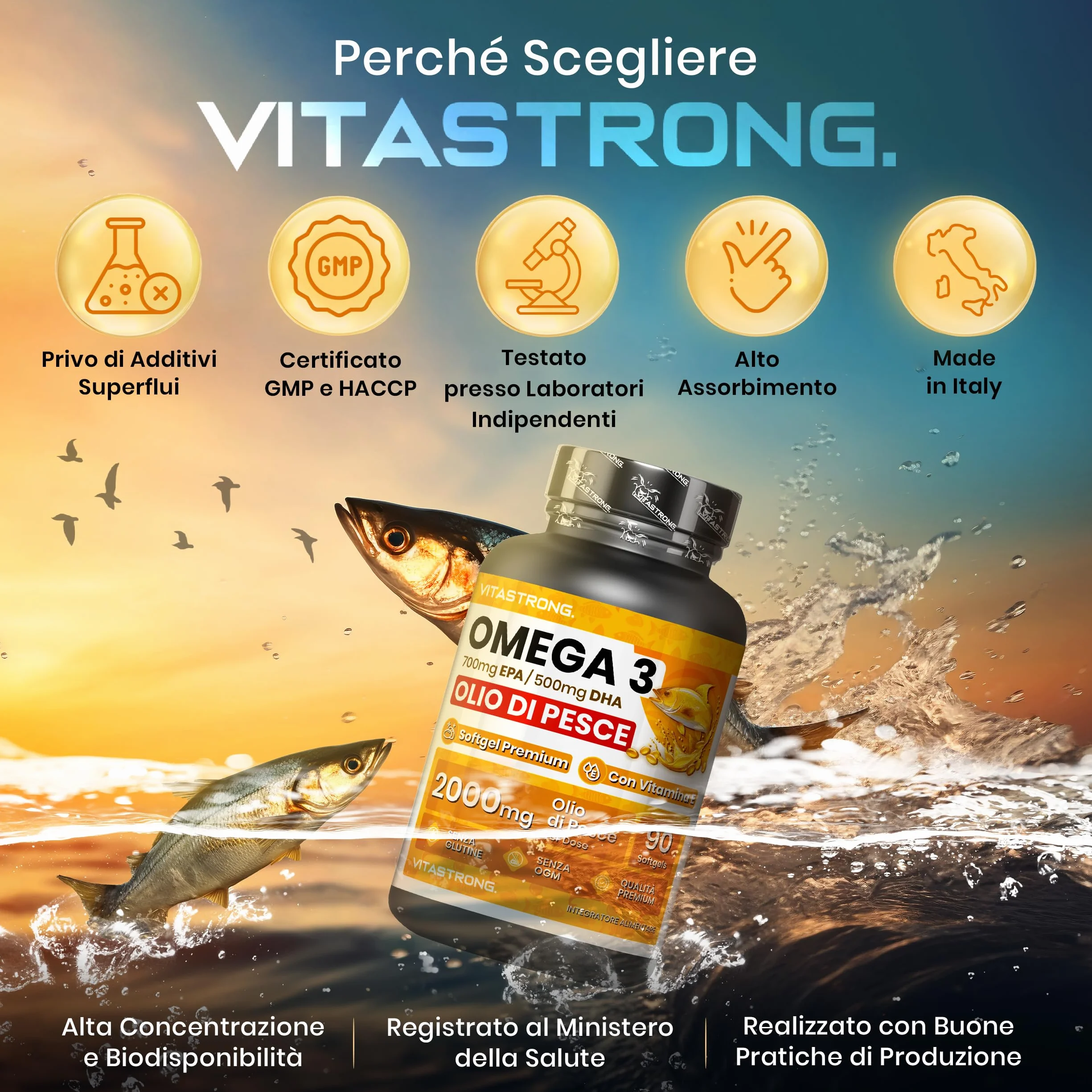 Omega 3 Olio di Pesce 2000mg EPA 500mg DHA Vitamina E Integratore Puro Cuore Vista Cervello