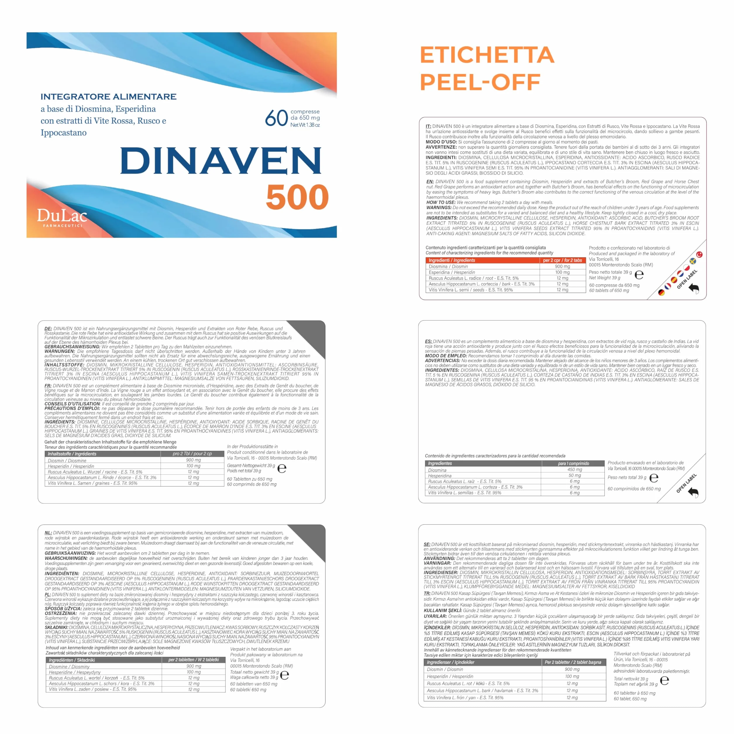 Dulac Dinaven 500 Integratore Alimentare Microcircolo Circolazione Gambe 60 Compresse Diosmina Esperidina Made in Italy