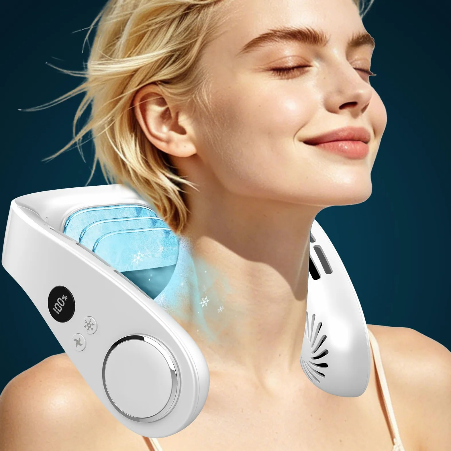 Ventilatore da Collo Sportivo con Raffreddamento, Neck Cooler Portatile e Silenzioso con 3 Temperature e 5 Velocità, Batteria 5500mAh Autonomia 15 Ore, LED, per Corsa, Ciclismo e Fitness Outdoor