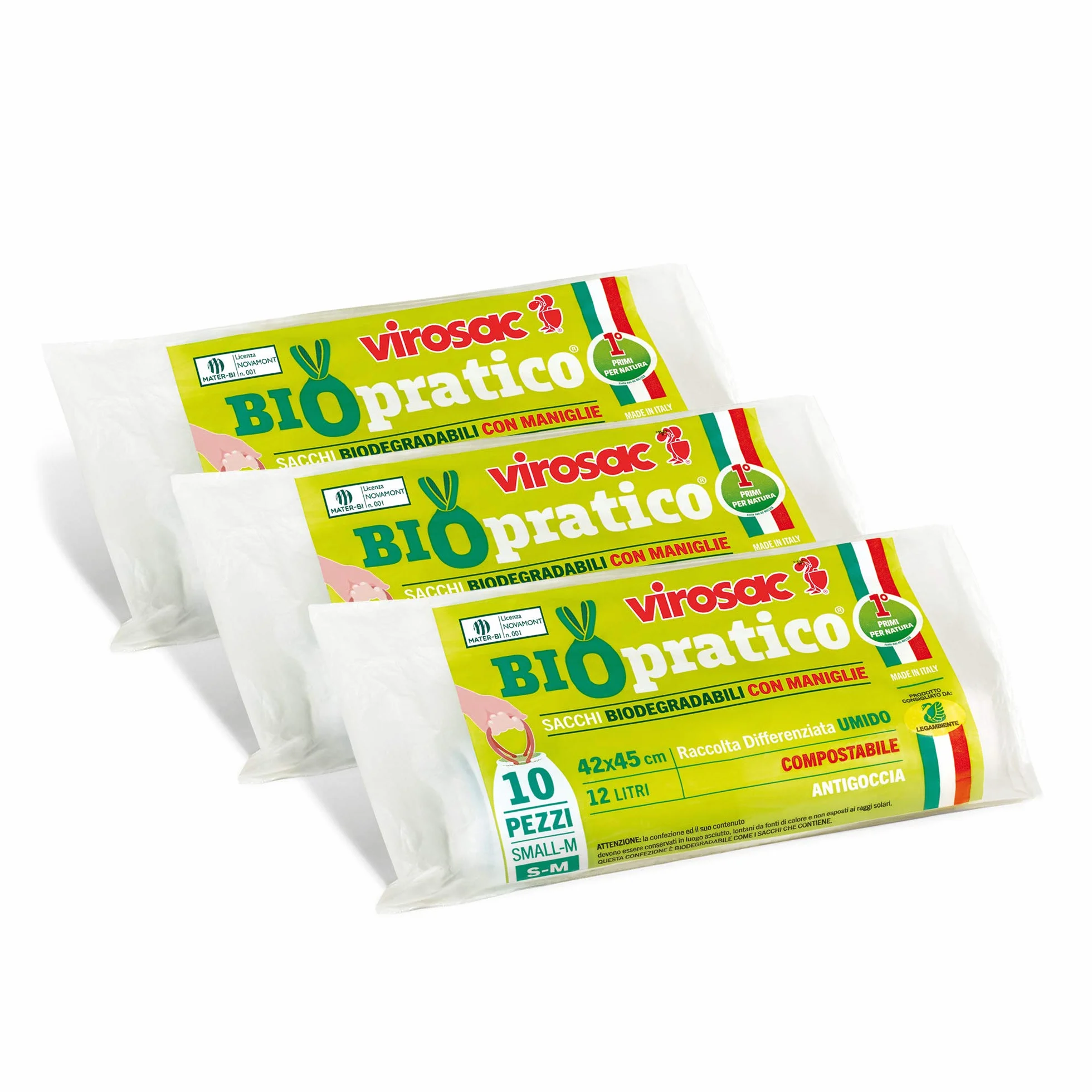 Virosac Biopratico Sacchetti per rifiuti biodegradabili 42x45 con maniglie estraibili 10 pezzi per rotolo kit 3 rotoli