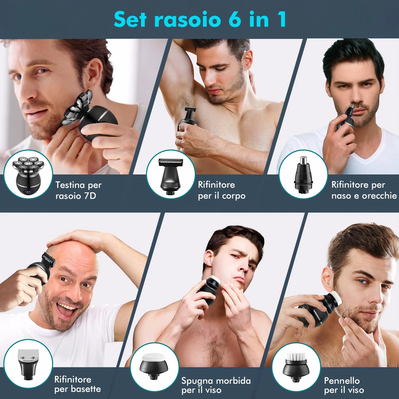 7D Rasoio Elettrico Barba Testa Calva Uomo IPX7 Impermeabile 6 in 1 con Display LED 9 Kit di Bellezza