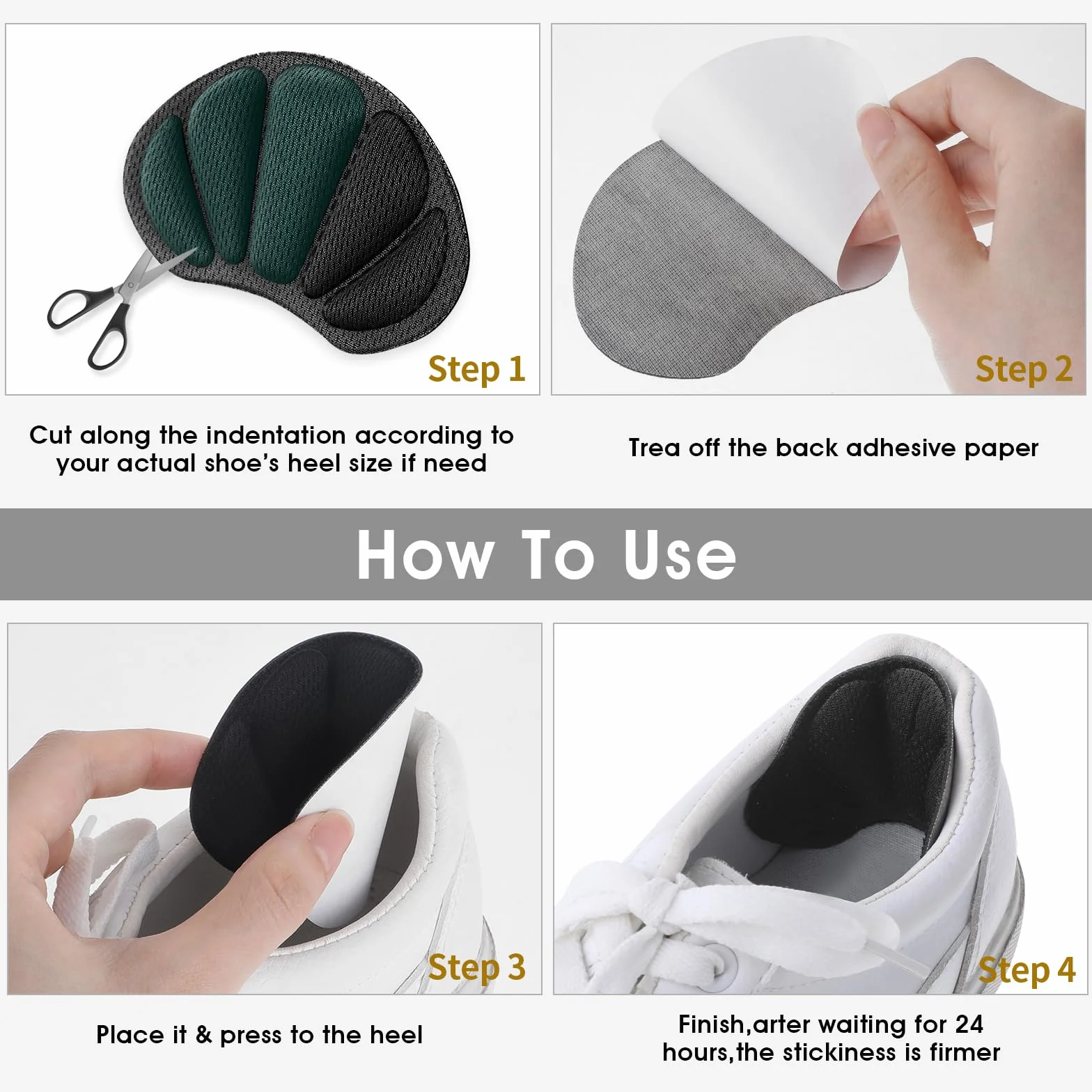 Molain 4 Pairs Heel Cushions Adhesive Inserts for Shoes, Anti Slip Blister Pads for Men Women (Black)
