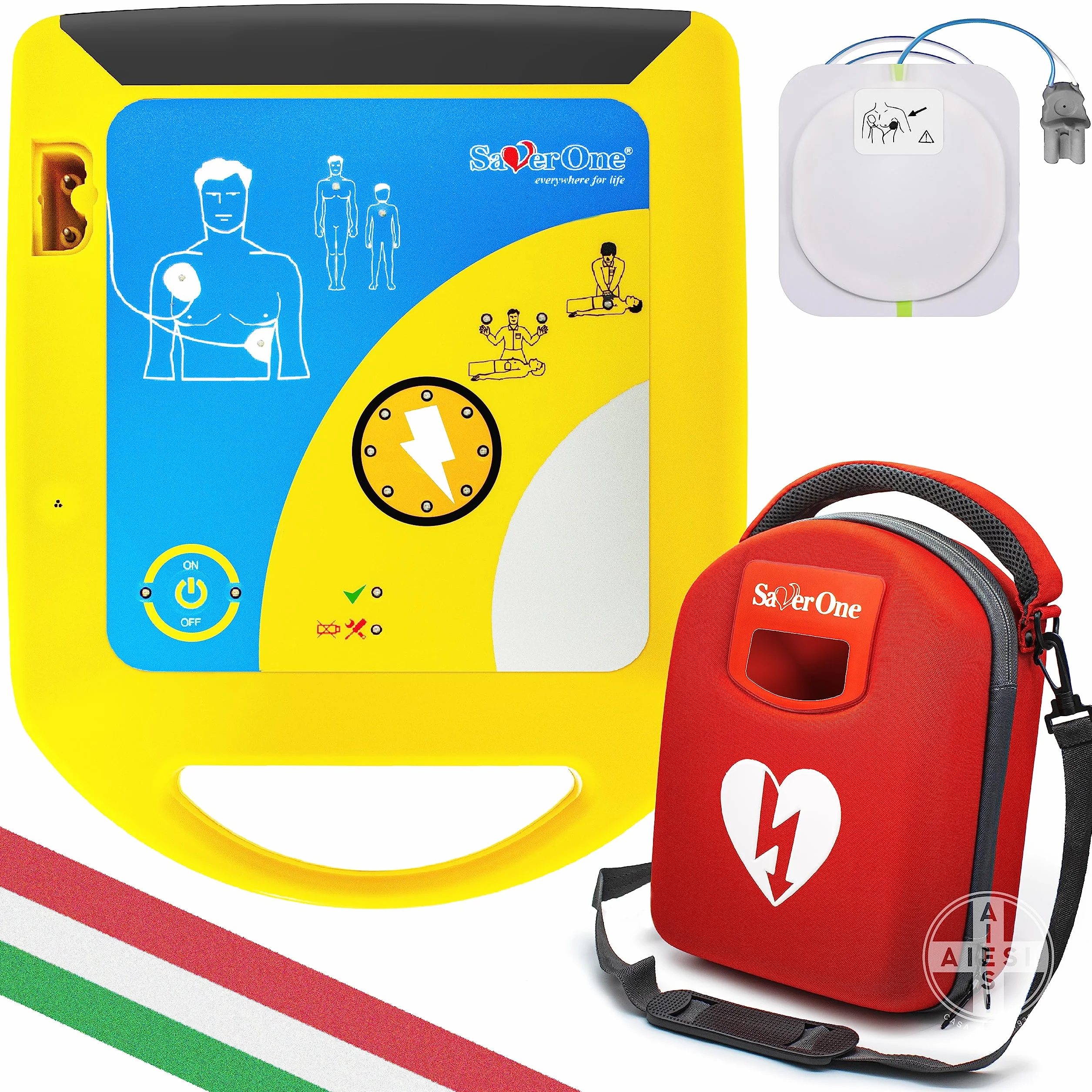 AMI ITALIA® Defibrillatore semiautomatico SAVER ONE z baterią nieladowalną i parą elektrod dla dorosłych, Gwarancja 6 lat, Made in Italy