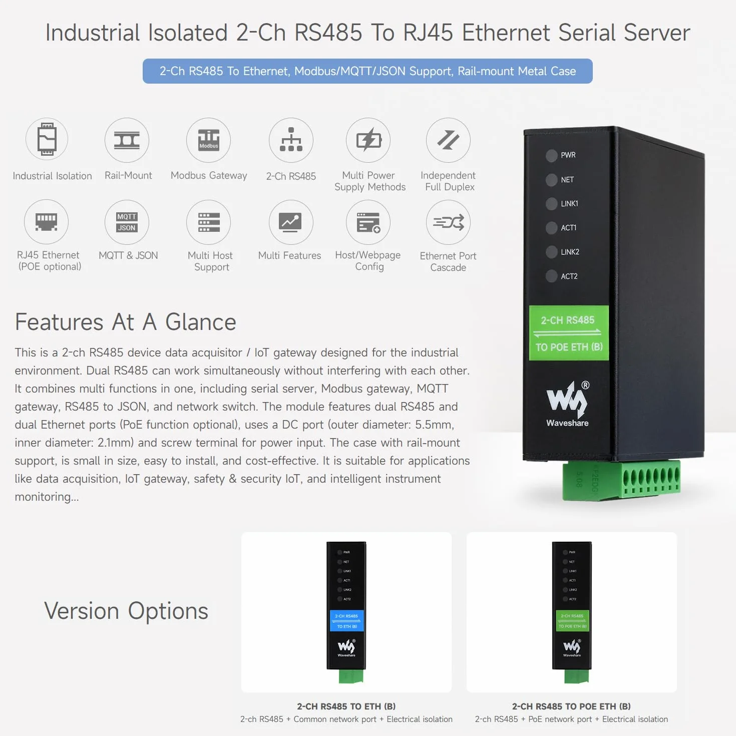 Waveshare 2-Ch RS485 to POE Ethernet Serial Server, Industrial Isolated Module, Rail-Mount