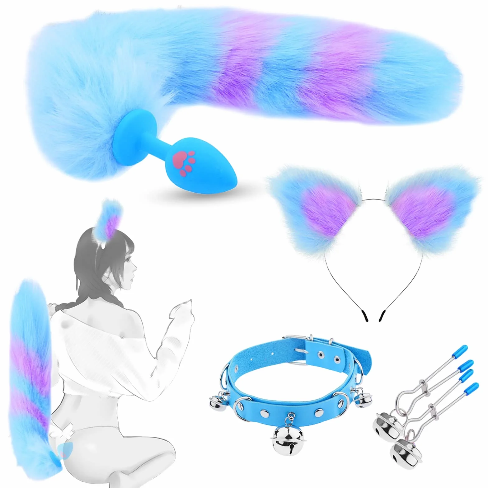BDSMLOVE anal plug set cosplay fox tail cat ears hair clips nipple clamps bell collar