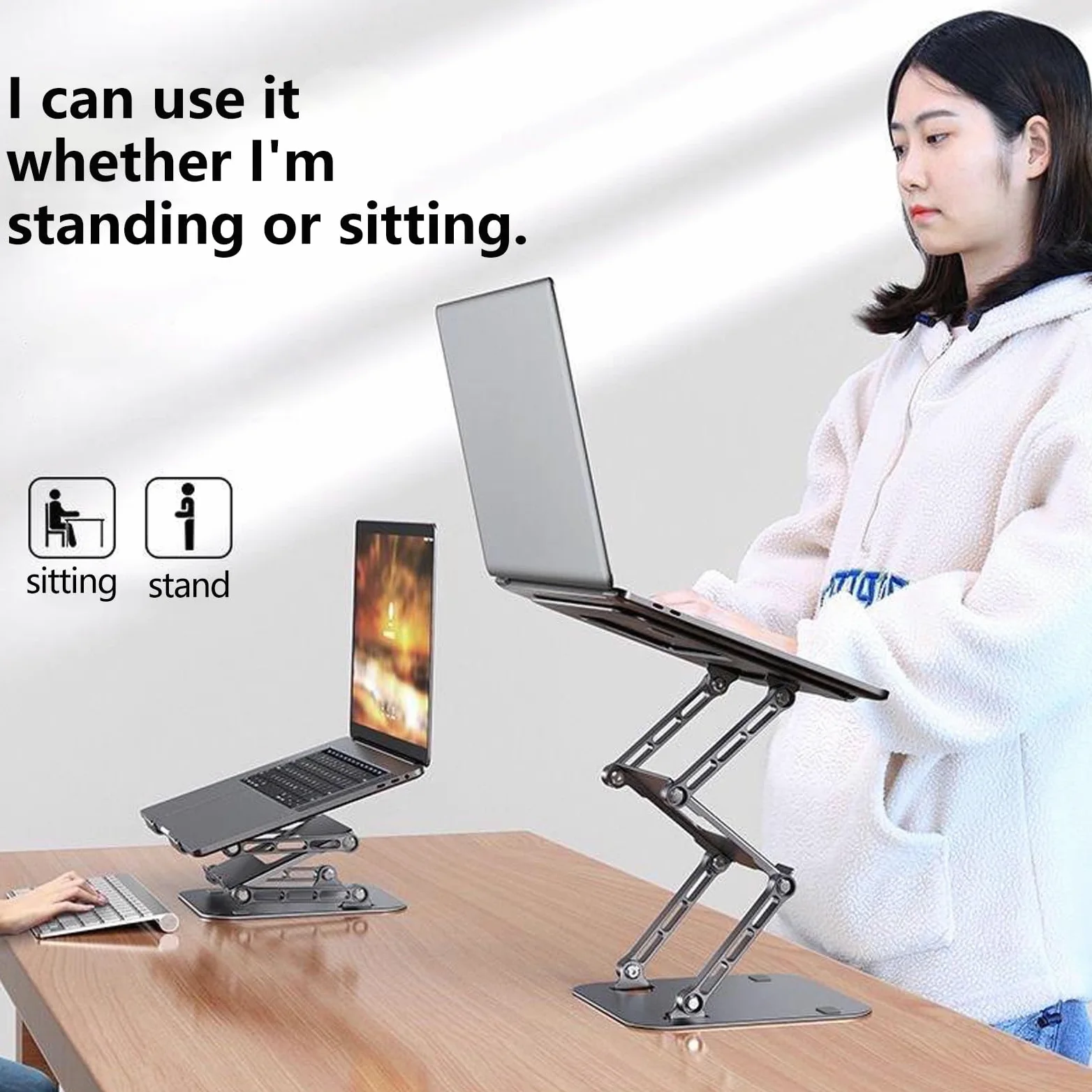 Supporto pieghevole per laptop a 3 strati, regolabile con 4 onde, supporto per notebook da 17,3 pollici, supporto per telefono regolabile in acciaio al carbonio e silicone