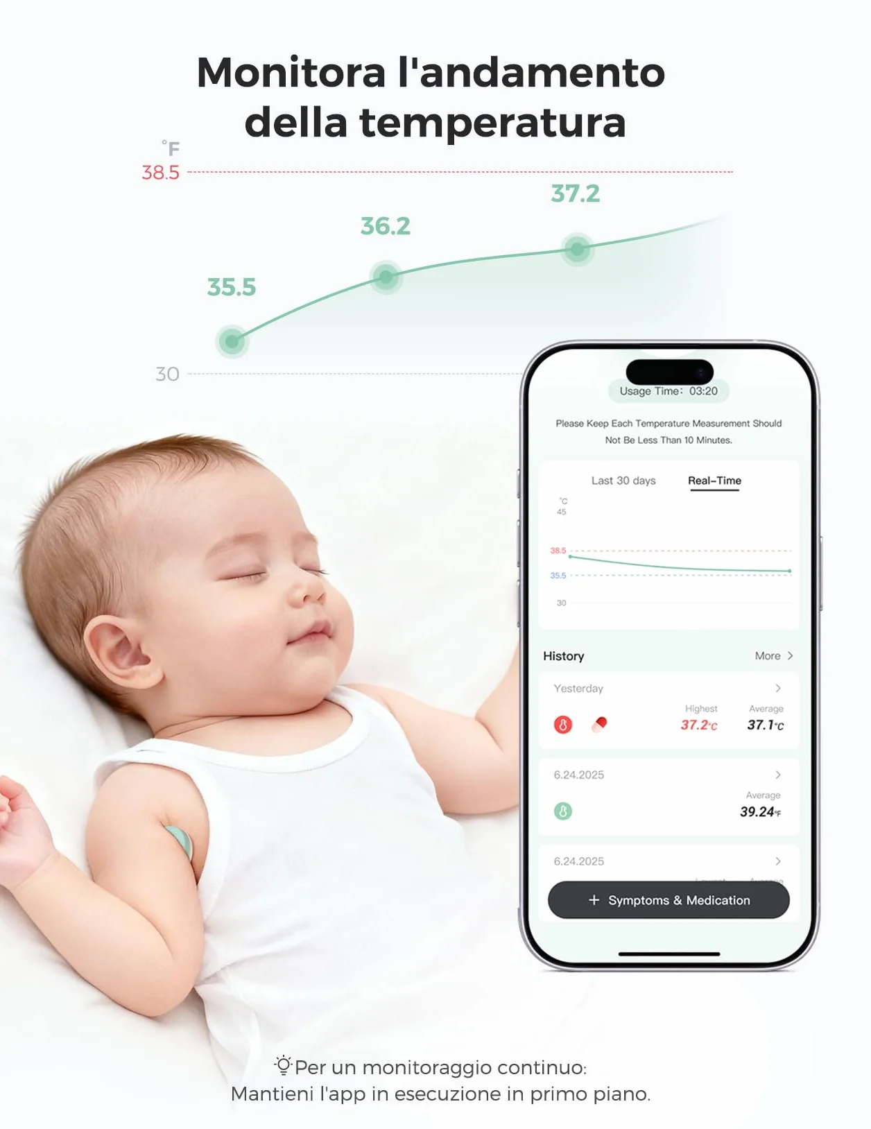 Momcozy Termometro Neonato, Termometro Digitale Indossabile con Alta Precisione, App Monitoraggio Temperatura in Tempo Reale, Cerotto Ipoallergenico 3M per Bambini