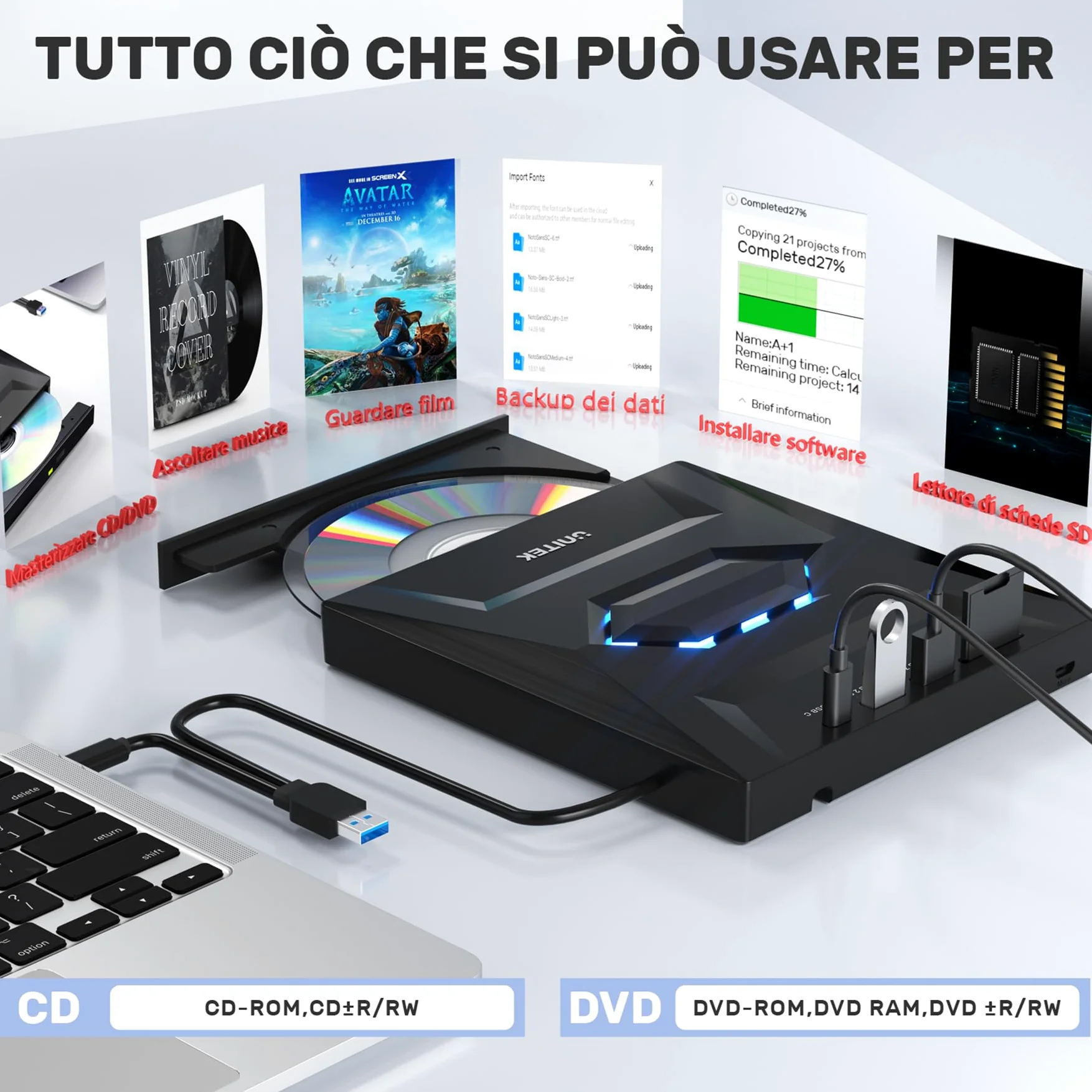 UNITEK Masterizzatore esterno USB 3.0&Type C Unità CD/DVD esterna -/+RW con slot per scheda SD per PC Laptop, Desktop, Portatile, Macbook Pro/Air per Windows 11/10/8.1/7/XP/Vista/Linux/MacOS