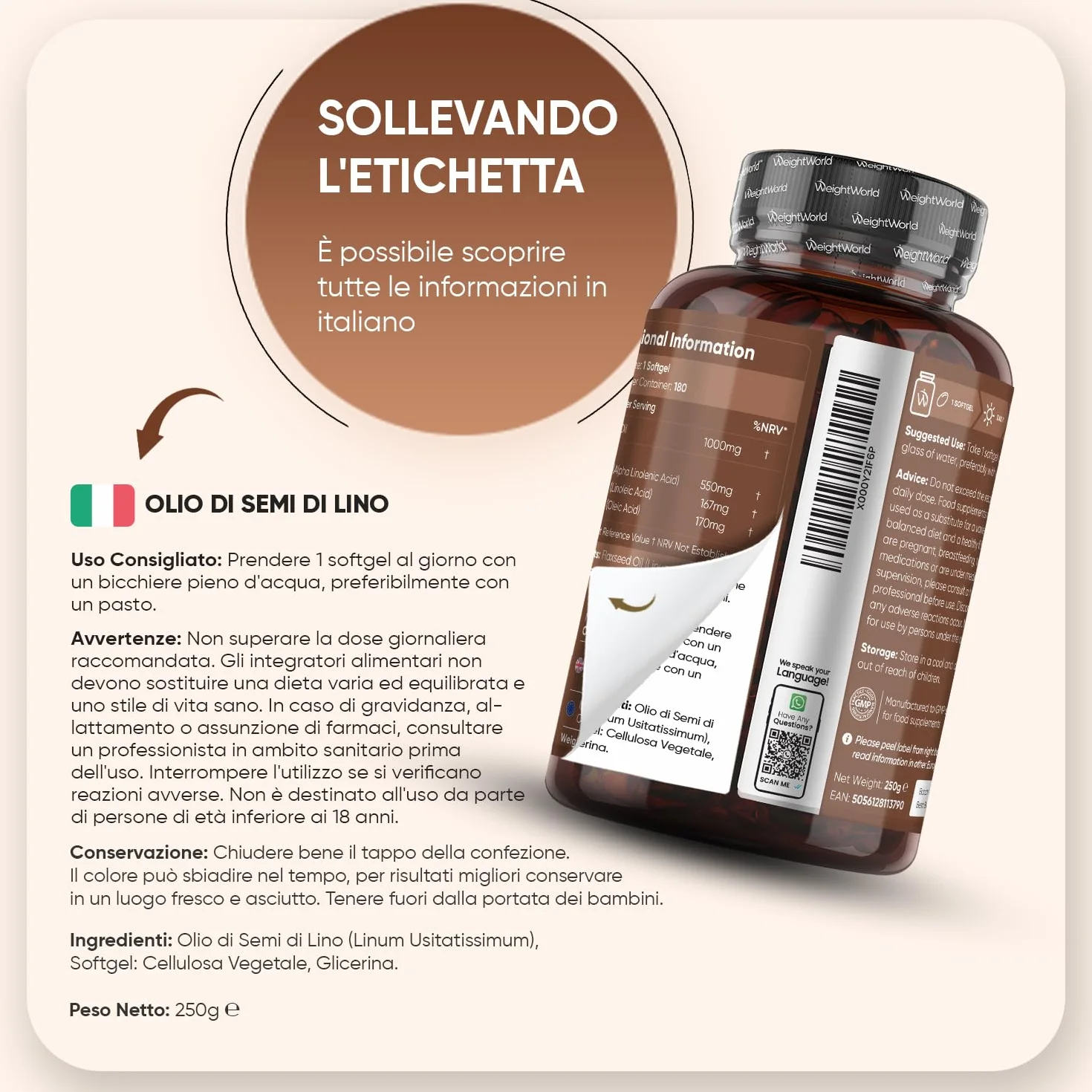 Olio di Semi di Lino Softgel Vegane Omega 3 6 9, 1 al Giorno, 6 Mesi di Scorta, Senza Glutine e OGM