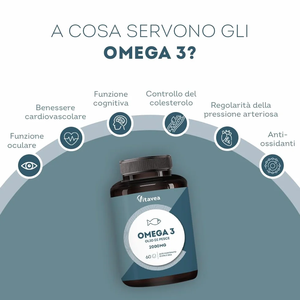 Omega 3 Olio di Pesce 2000 mg EPA 500 mg DHA Alto Dosaggio 60 Capsule Softgel Integratore Acidi Grassi Essenziali