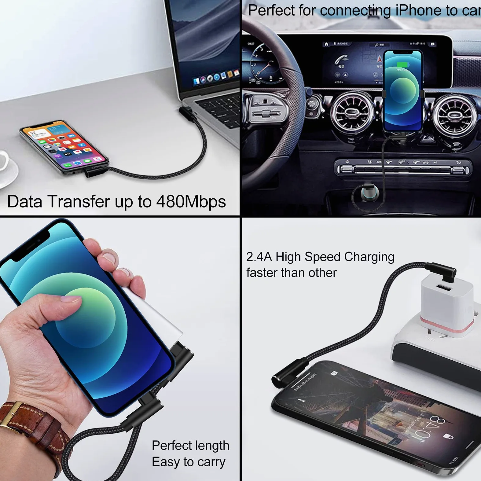 Cavo da USB C a Lightning da 0,3 m, confezione da 3 pezzi, certificato MFi, ad angolo retto, per iPhone 13, 12, 11, Pro, X, XS, XR, 8 Plus, 7, 6, 5 (nero)