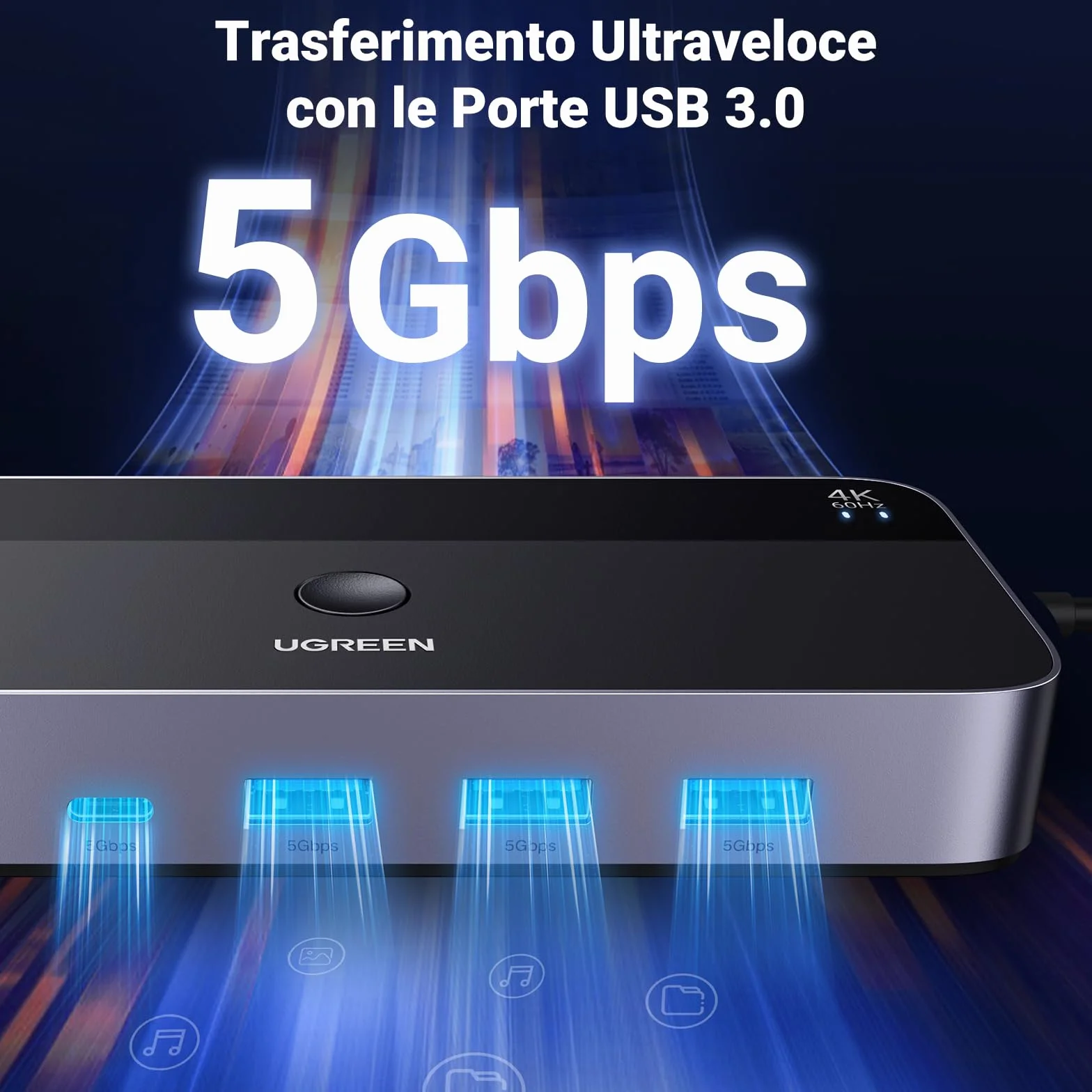 UGREEN Switch KVM HDMI 4K 60Hz 2 Ingressi 1 Uscita con 3 Porte USB A 3.0 e 1 Porta Tipo C 3.0 5Gbps per Tastiera Mouse HDD Hard Disk Switcher con Controller Desktop e 2 Cavi 1M