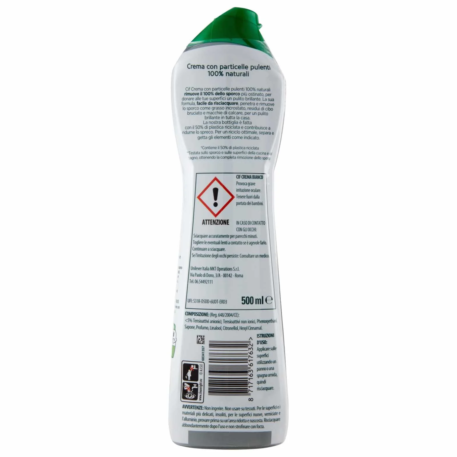 Cif Detergente in Crema con Particelle Pulenti 100% Naturali 5 Flaconi da 500 ml