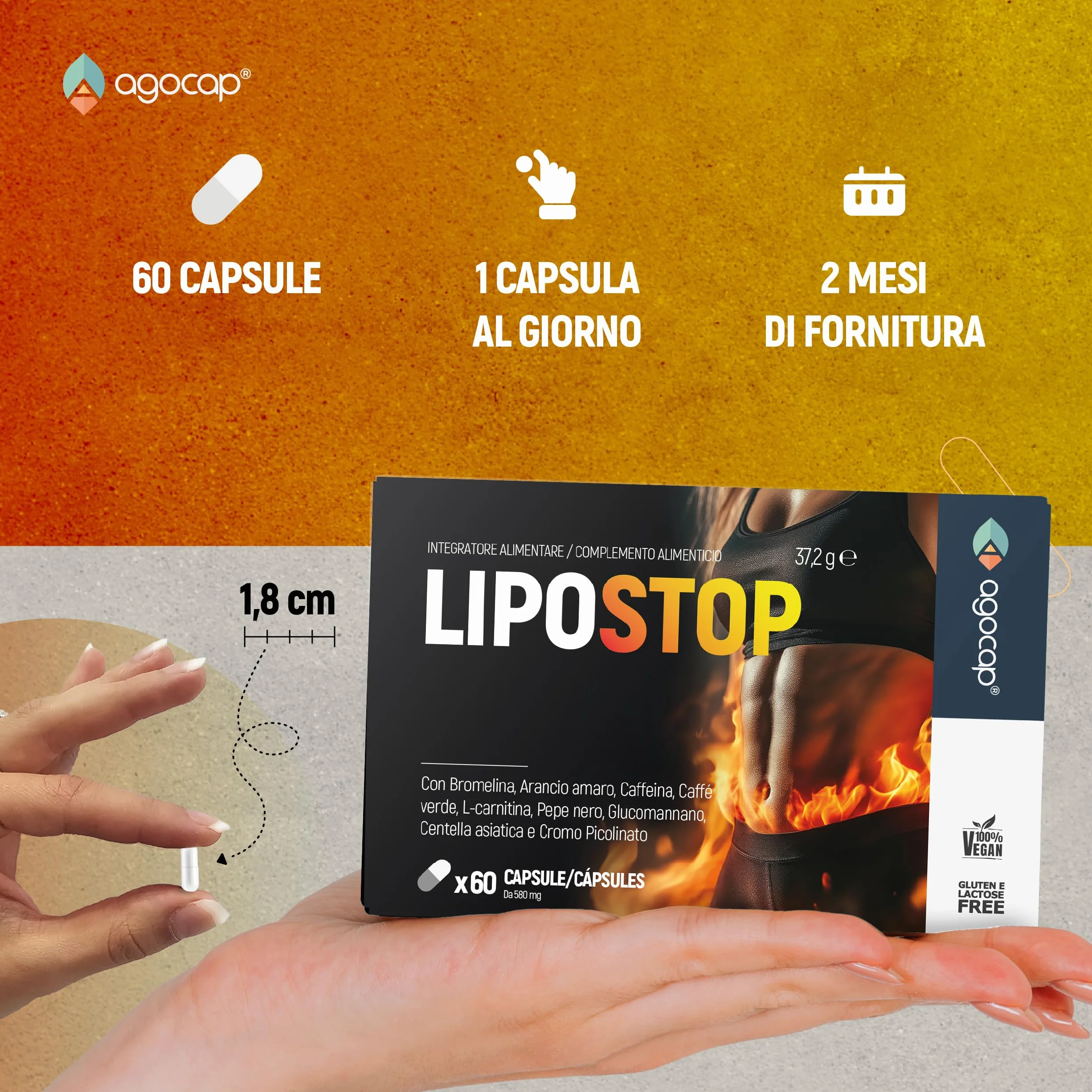 LIPOSTOP Integratore Alimentare con Bromelina, Caffeina, L-Carnitina, Glucomannano – 60 Capsule