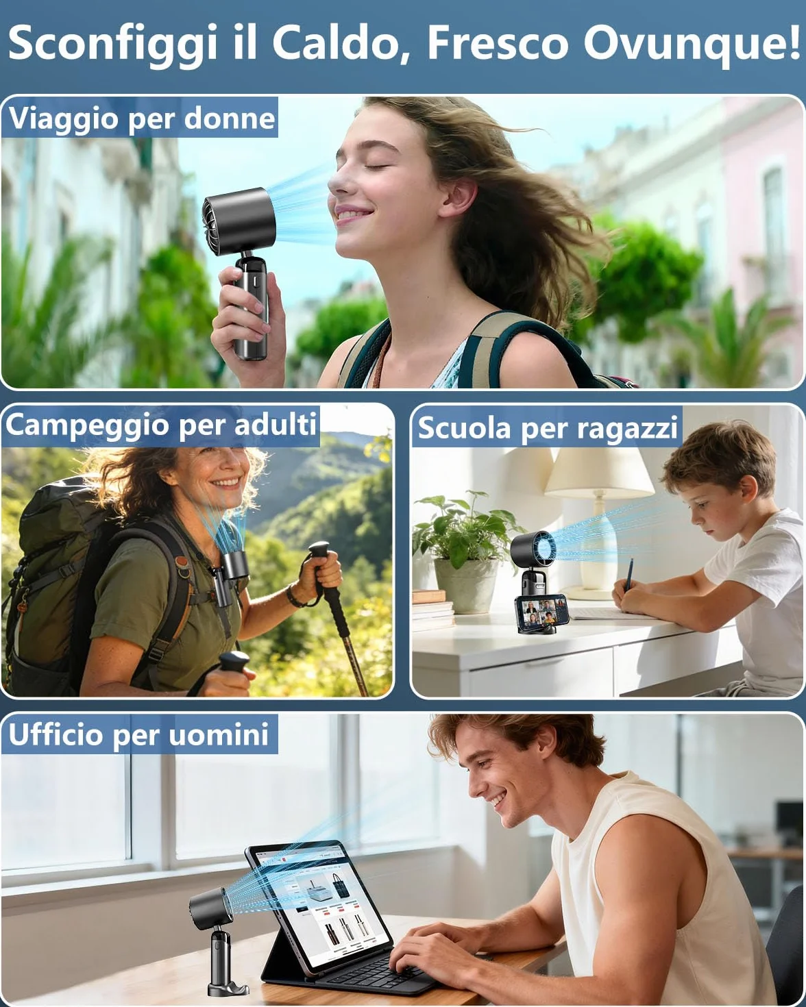 Kouric Ventilatore Portatile Turbo USB Ricaricabile, Pieghevole con Display LED e Supporto Telefono, 3500mAh Autonomia 10 Ore, Ventilazione Continua 1-199, Fresco Personalizzato per Viaggio e Ufficio