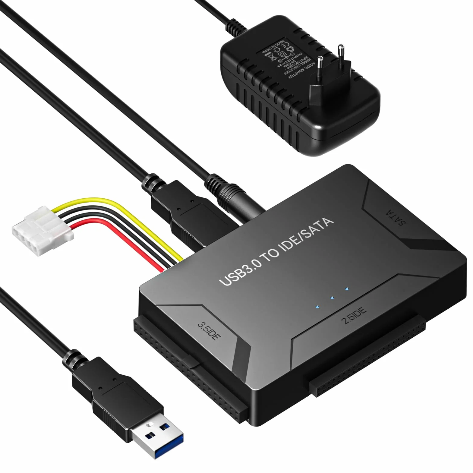 Adattatore IDE USB 3.0, USB 3.0 a SATA universale per dischi rigidi 2,5 e 3,5 pollici HDD/SSD con alimentatore 12 V 2 A