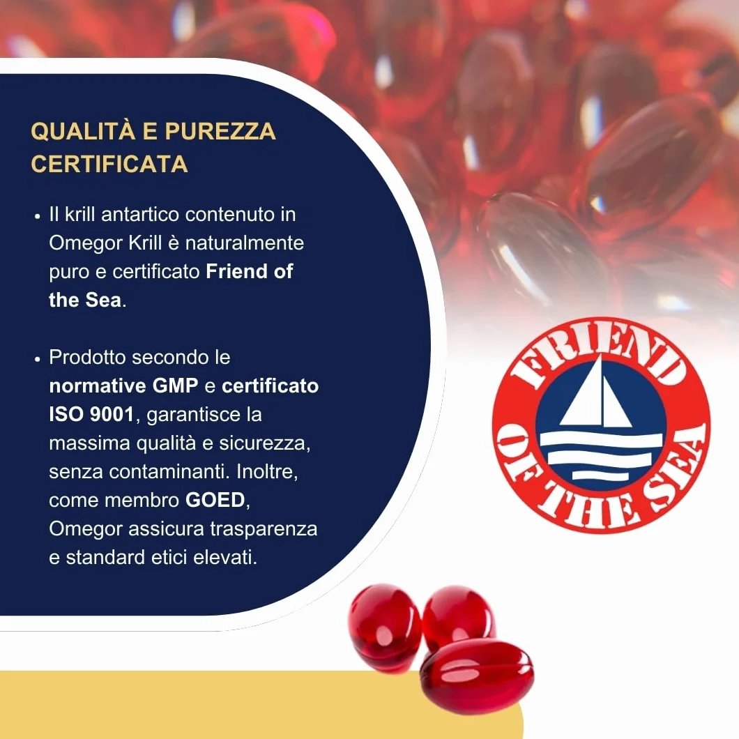 OMEGOR® Puro Olio di Krill Antartico 660mg Fosfolipidi 82.6mg Colina 100mcg Astaxantina 250mg EPA DHA 60 Perle