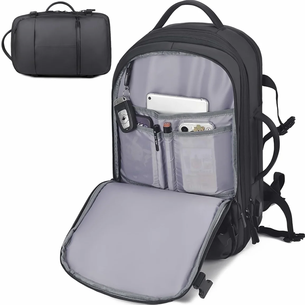 Mixroom - Zaino da Viaggio Estendibile Impermeabile Porta PC Per Uomo Valigia Bagaglio a mano 25x30x49 cm Borsa Grande Custodia Porta Computer Portatile fino ai 16 pollici Con Ricarica USB Nero Z31