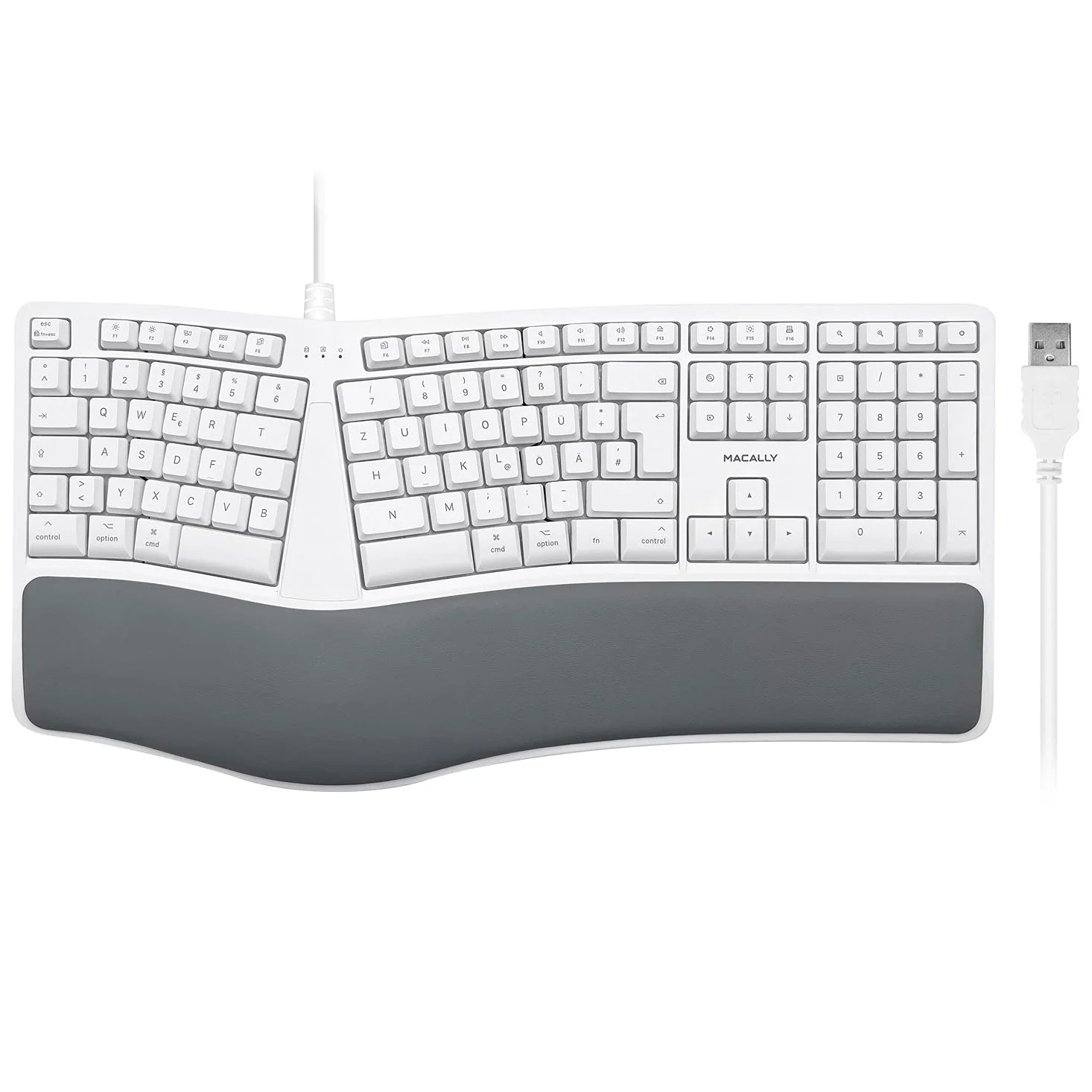 Macally MERGOKEY-DE, Tastiera ergonomica USB-A cablata con poggiapolsi, Layout QWERTZ Tedesco