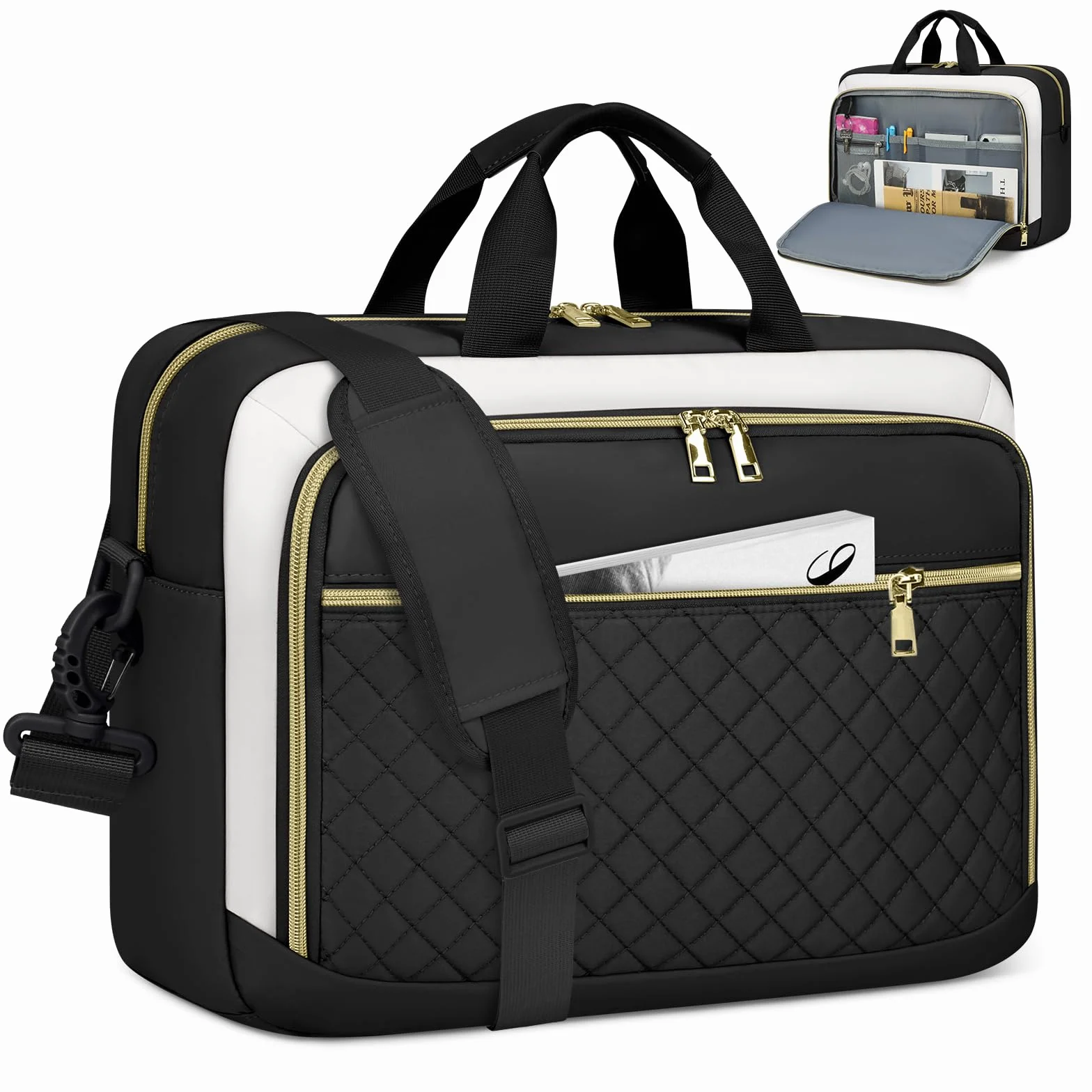 NEWHEY Borsa Porta PC 17.3 Pollici Borsa da Lavoro Donna Impermeabile Borsa Computer Grande Borsa Messenger Valigetta Portadocumenti Tracolla per Ufficio, Università, Scuola，Nero e beige