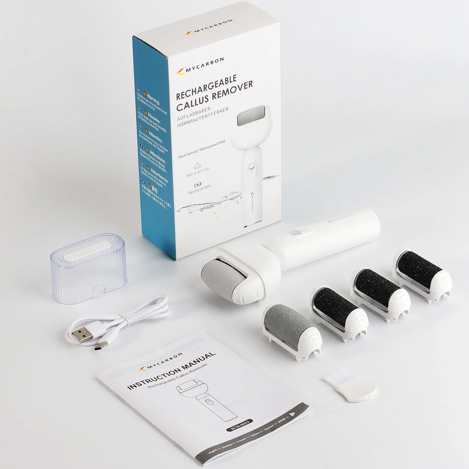 MYCARBON Pedicure Elettrico Impermeabile Ricaricabile 5 Rulli con Grane Diverse Rimuove Calli Pelle Secca