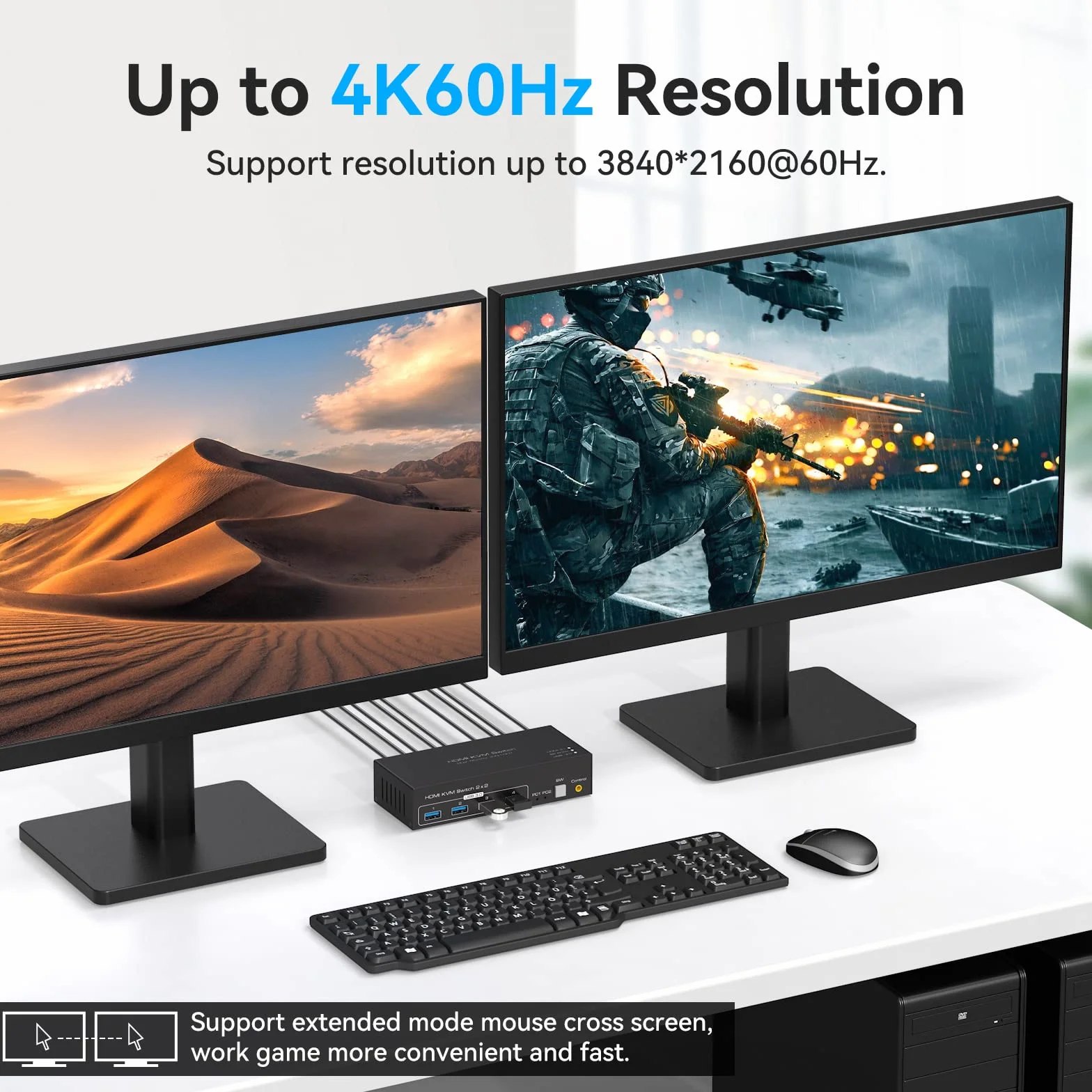 VPFET HDMI KVM Switch 2 PC 2 Monitor 4K60Hz KVM Switch Dual Monitor con 4 Porte USB Supporto Copia ed Estesa Visualizzazione e Controllo Desktop Incluso 2 Cavi USB3.0
